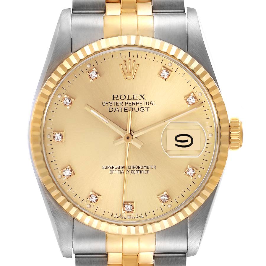 The Rolex Datejust is shown from the front, displaying the dial, hands, bezel, crown, and part of the bracelet.
