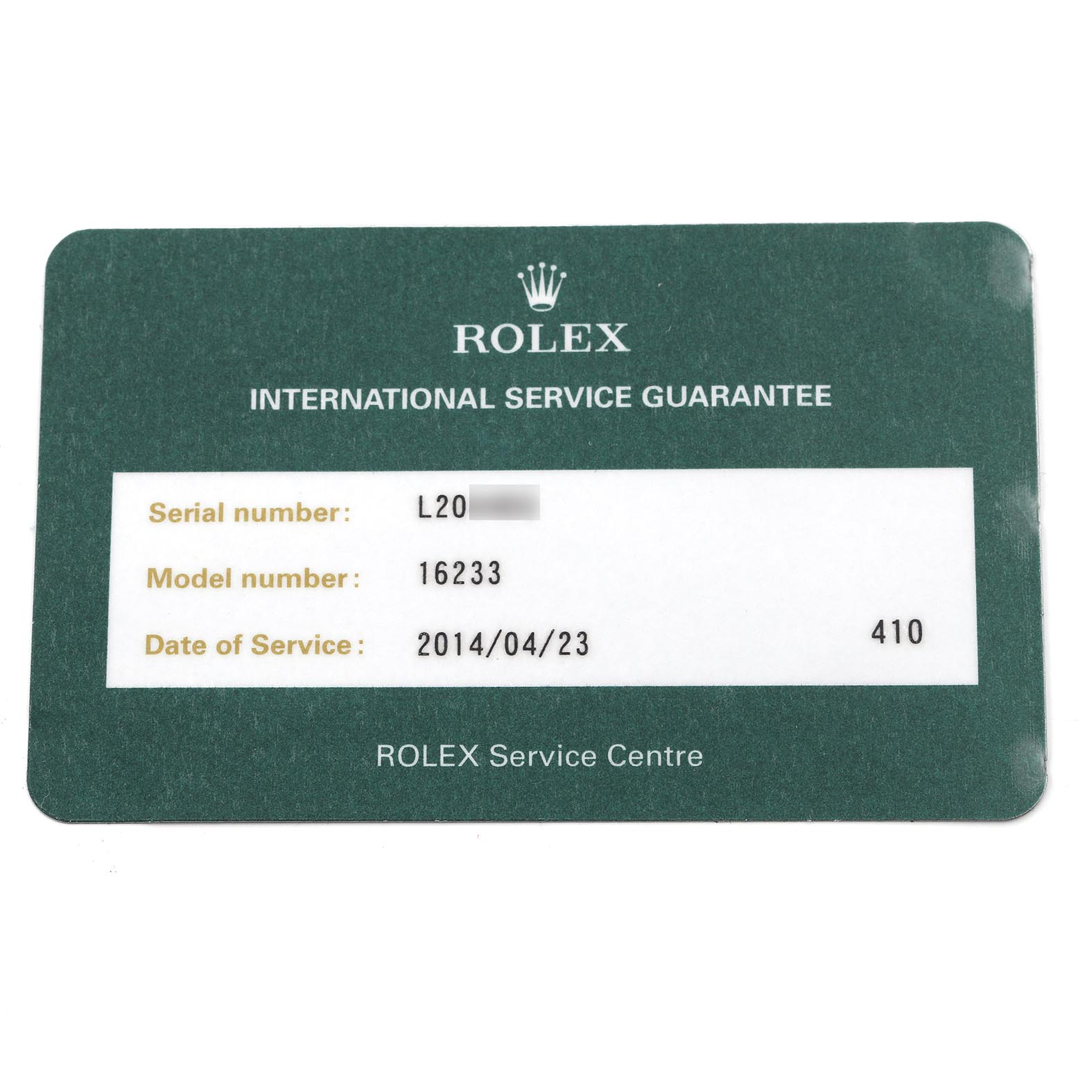 The image shows a Rolex Datejust 16233 Men's Steel and Gold (two tone) Champagne Dial 16233 Men's Steel and Gold (two tone) Champagne Dial service card featuring the model number, serial number, and service date.