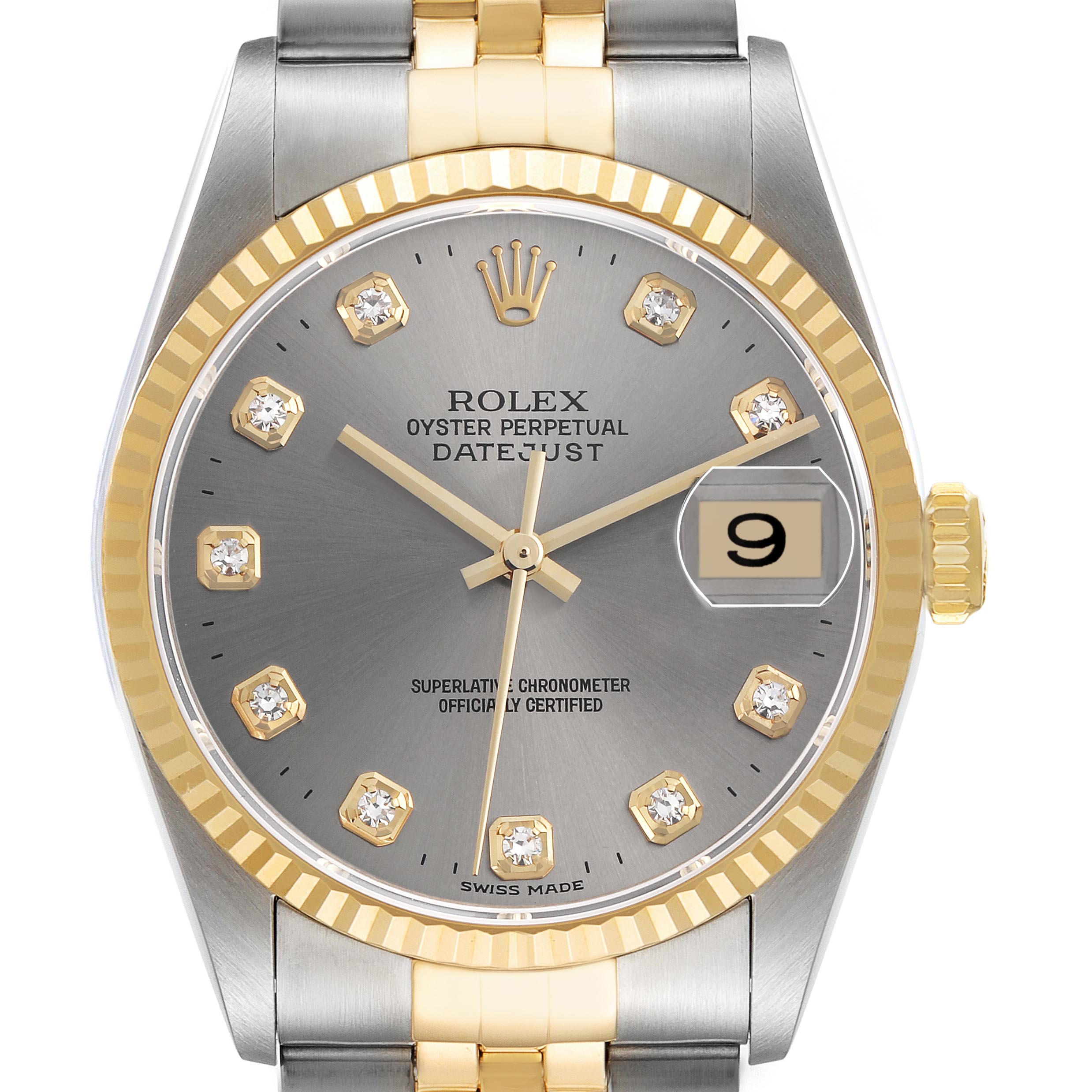 The Rolex Datejust 16233 Men's Steel and Gold (two tone) Silver Dial 16233 Men's Steel and Gold (two tone) Silver Dial watch is shown from a front angle, displaying the dial, bezel, and part of the bracelet.