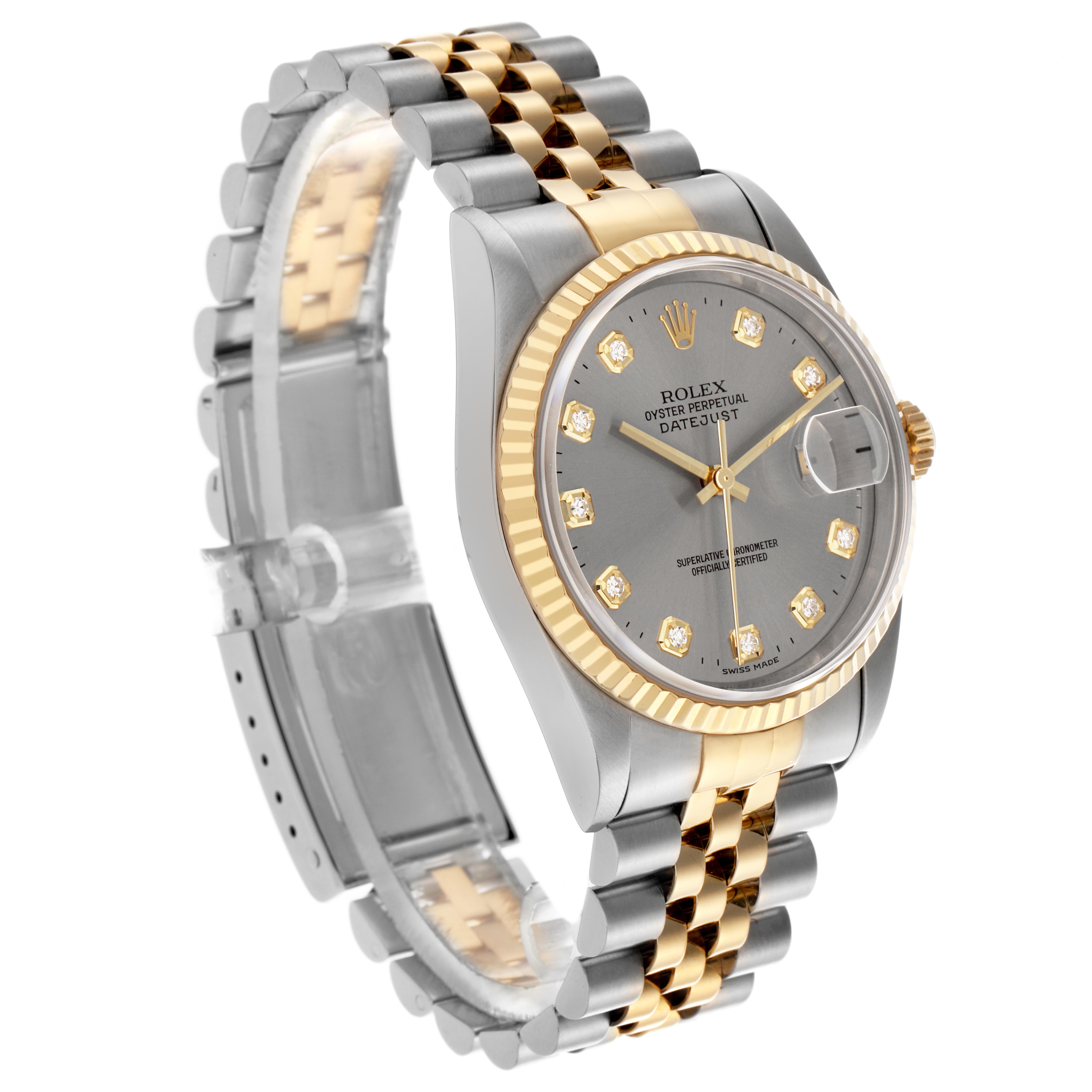 This Rolex Datejust 16233 Men's Steel and Gold (two tone) Silver Dial 16233 Men's Steel and Gold (two tone) Silver Dial watch is shown at a three-quarter angle, displaying its bracelet, bezel, and dial with diamond markers.