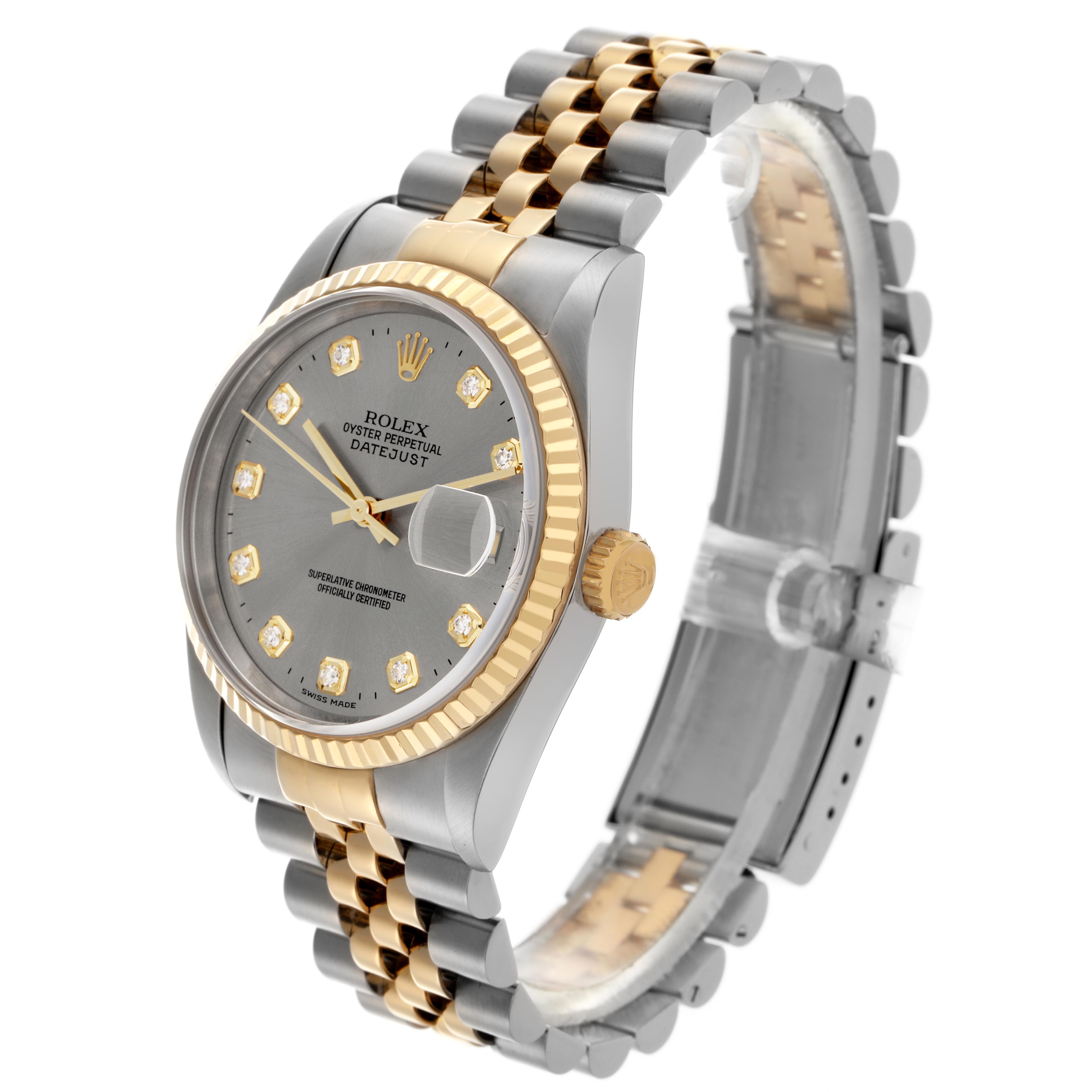 The Rolex Datejust 16233 Men's Steel and Gold (two tone) Silver Dial 16233 Men's Steel and Gold (two tone) Silver Dial watch is shown at a three-quarter angle highlighting the face, bracelet, and fluted bezel.
