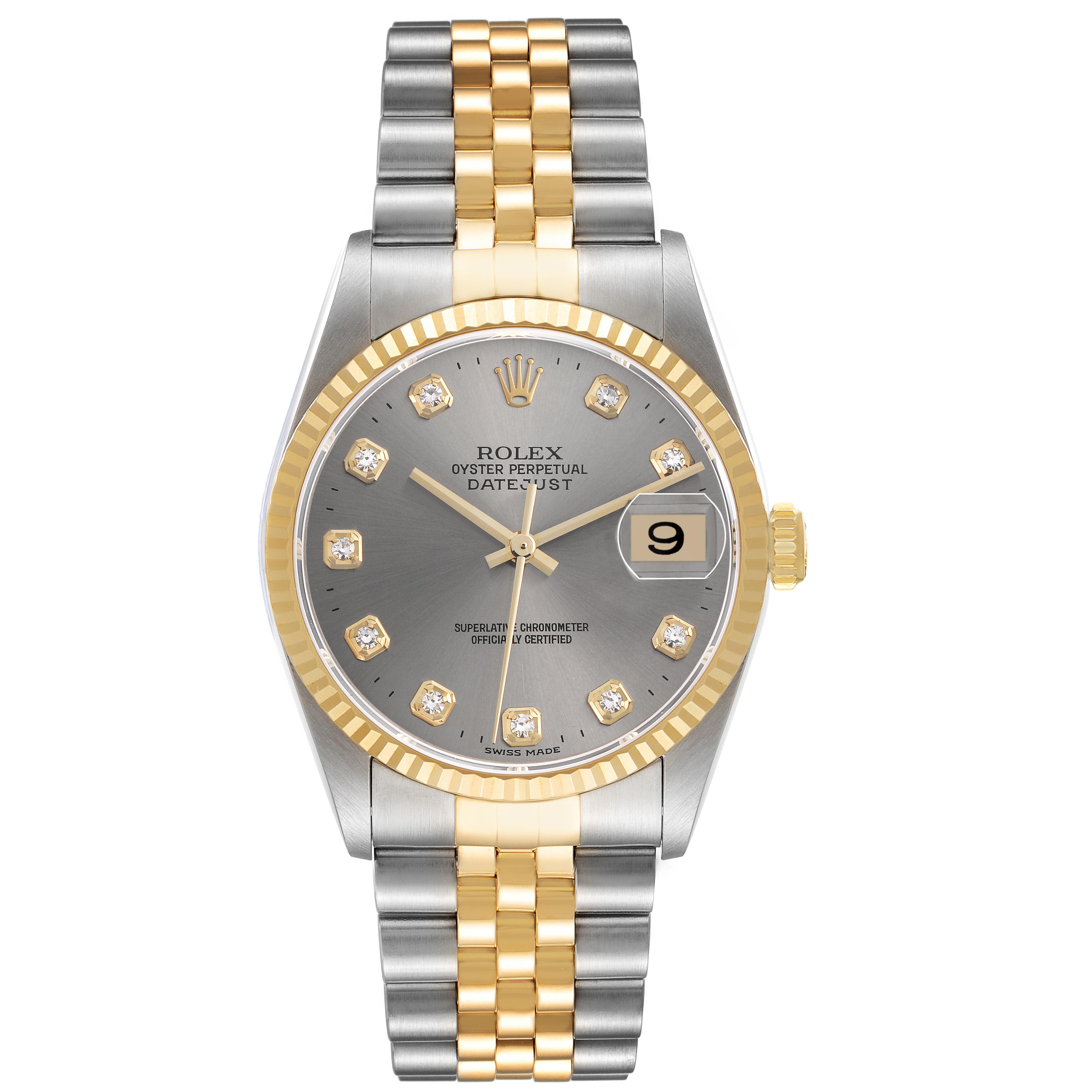 The Rolex Datejust 16233 Men's Steel and Gold (two tone) Silver Dial 16233 Men's Steel and Gold (two tone) Silver Dial watch is shown from a top-down angle, displaying the face, bezel, and Jubilee bracelet.