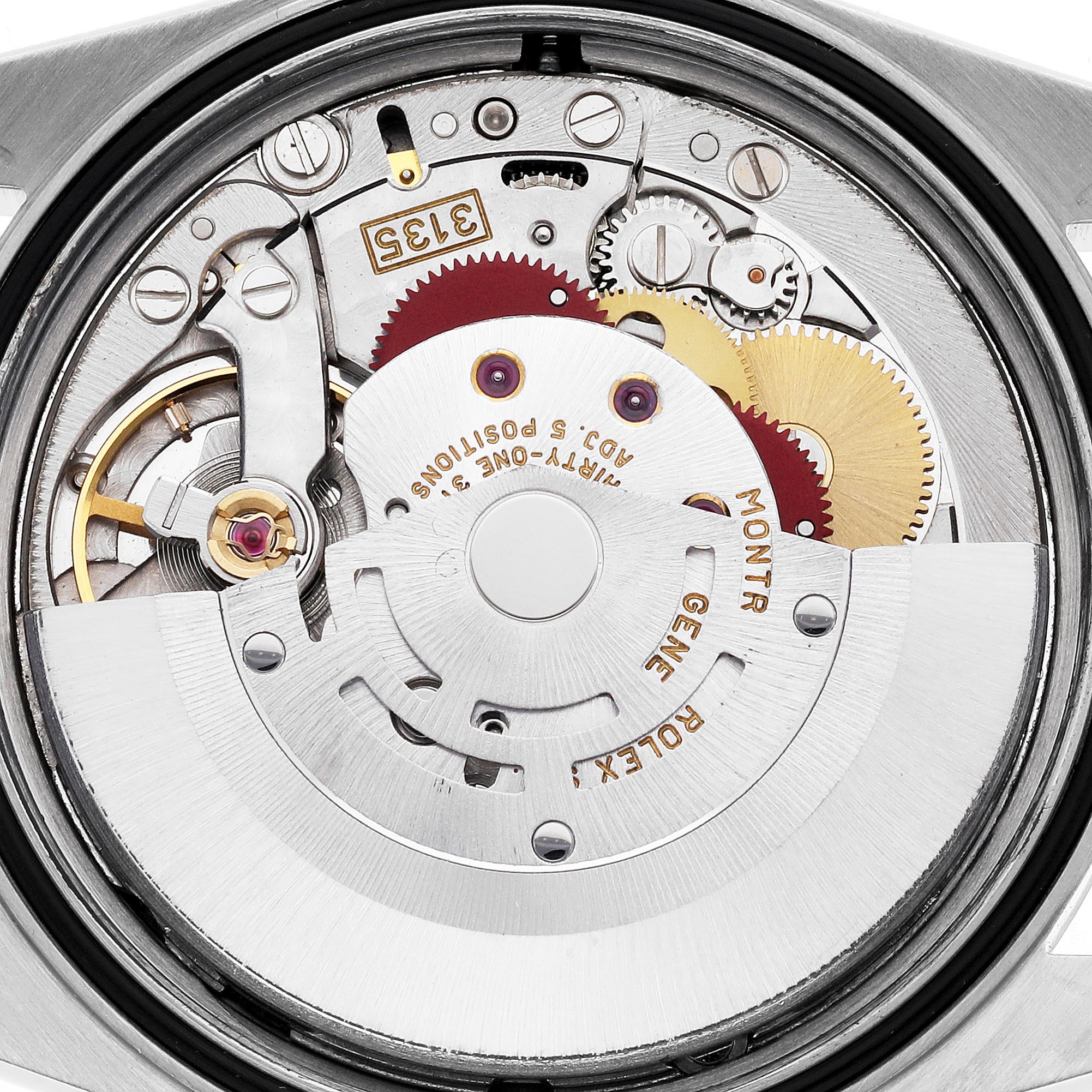 The image shows the movement mechanism of a Rolex Datejust 16233 Men's Steel and Gold (two tone) Silver Dial 16233 Men's Steel and Gold (two tone) Silver Dial watch from a top-down angle, revealing gears and inscriptions.