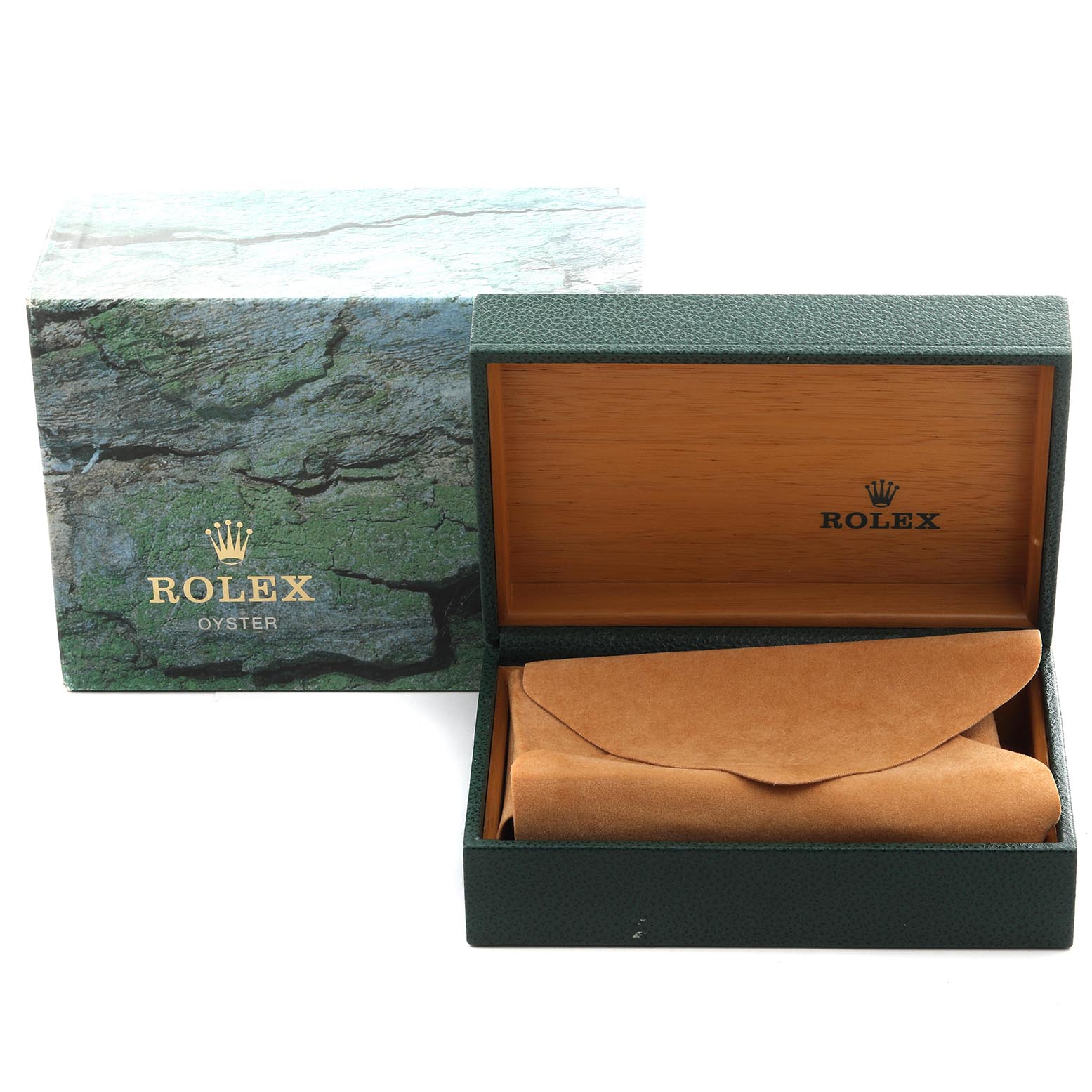 The image shows a Rolex Datejust 16233 Men's Steel and Gold (two tone) Silver Dial 16233 Men's Steel and Gold (two tone) Silver Dial watch box and protective pouch, positioned open to reveal the interior.