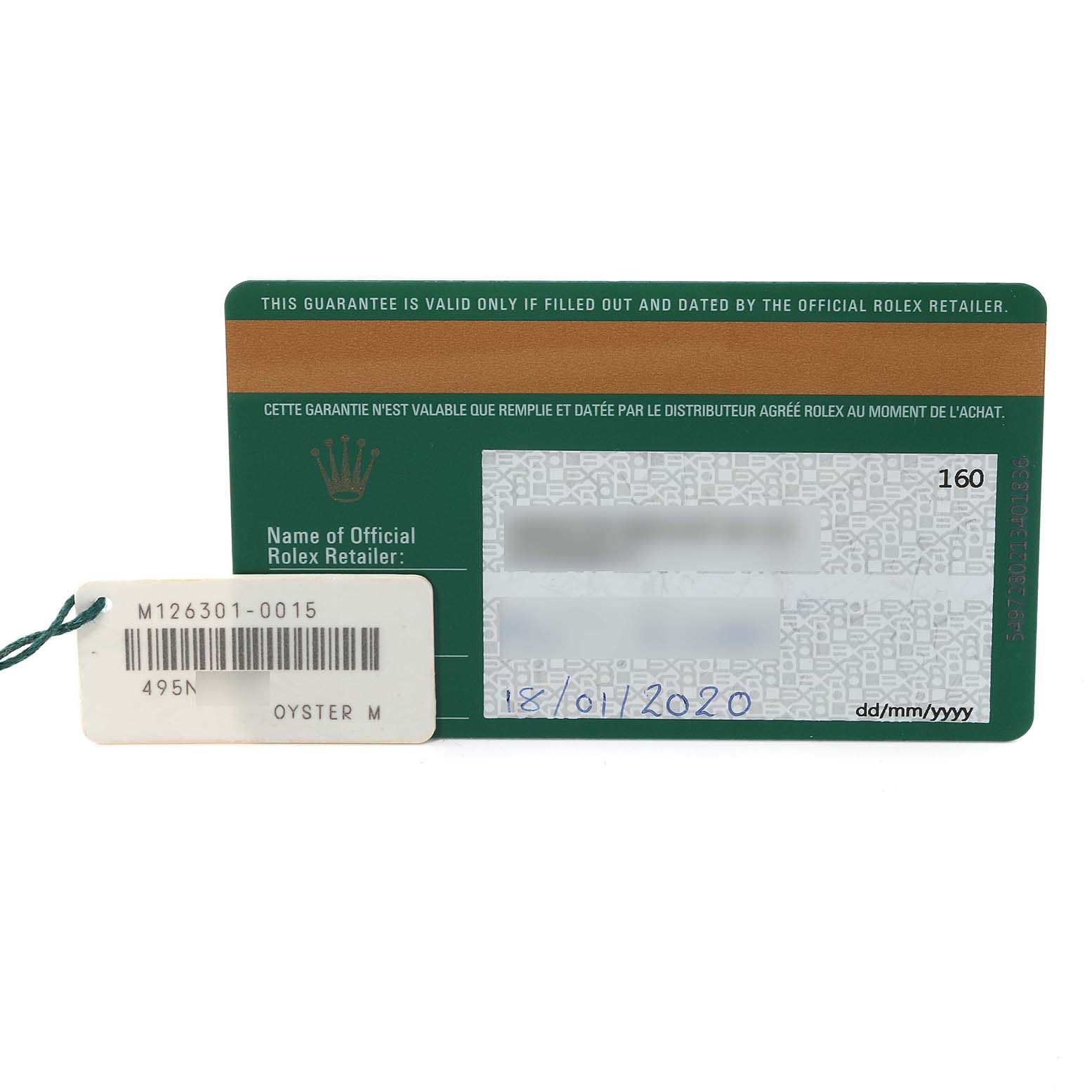 The image shows the warranty card and tag for the Rolex Datejust 41 126301 Men's Steel and Gold (two tone) Grey Dial 126301 Men's Steel and Gold (two tone) Grey Dial model.