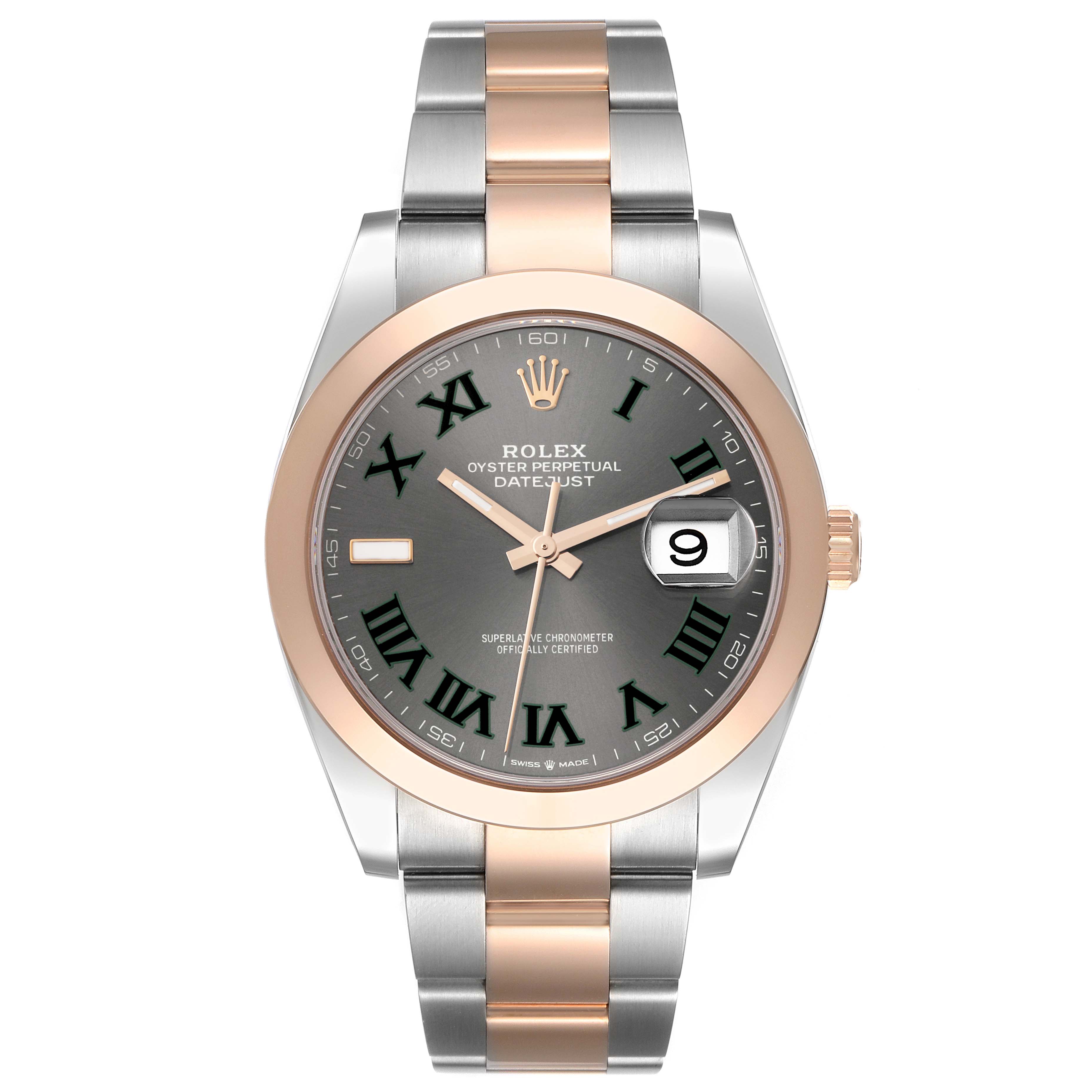 The image shows a front view of the Rolex Datejust 41 126301 Men's Steel and Gold (two tone) Grey Dial 126301 Men's Steel and Gold (two tone) Grey Dial model displaying its dial, bezel, and part of the bracelet.