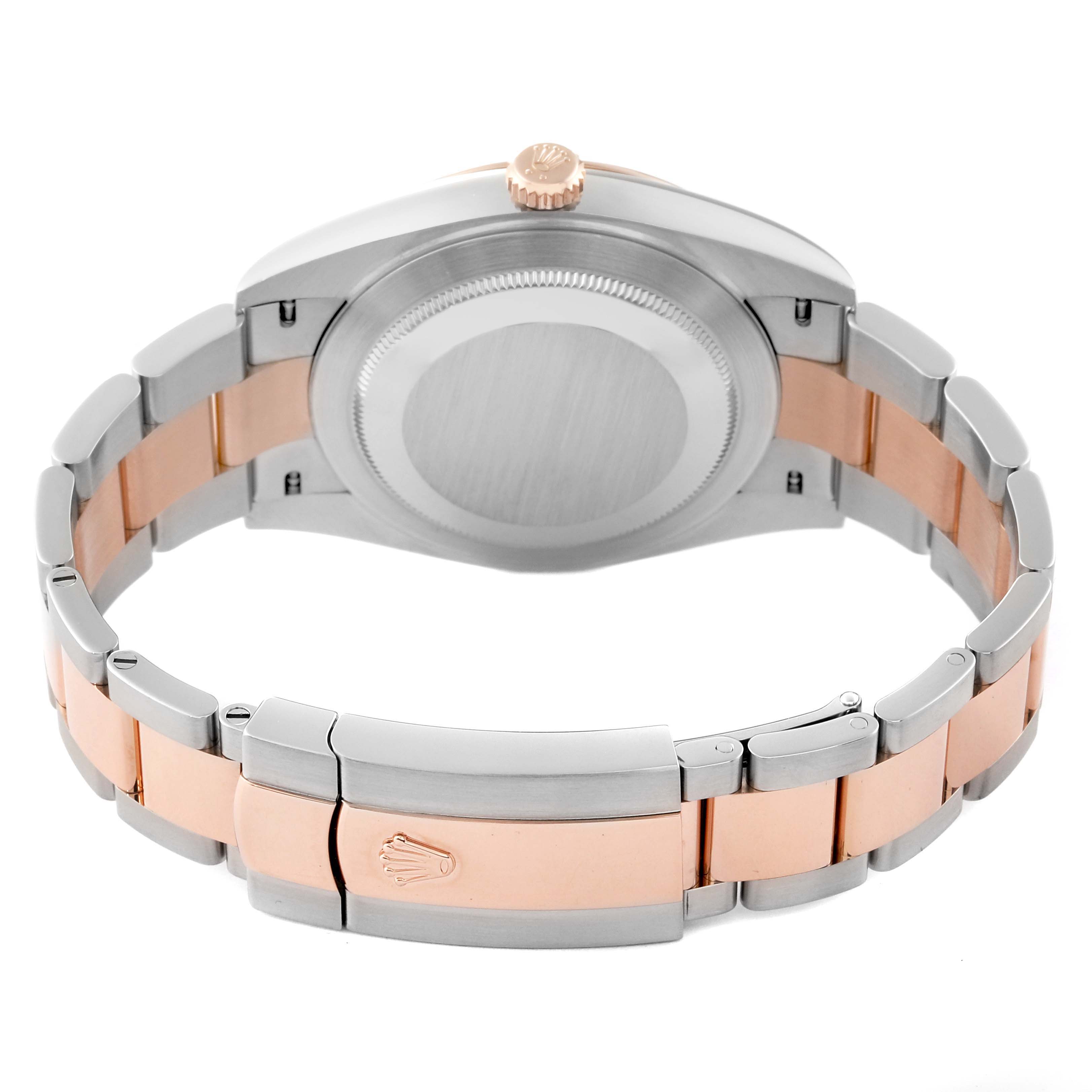 The image shows the back view of the Rolex Datejust 41 126301 Men's Steel and Gold (two tone) Grey Dial 126301 Men's Steel and Gold (two tone) Grey Dial watch, highlighting its bi-tone bracelet and clasp with the Rolex logo.