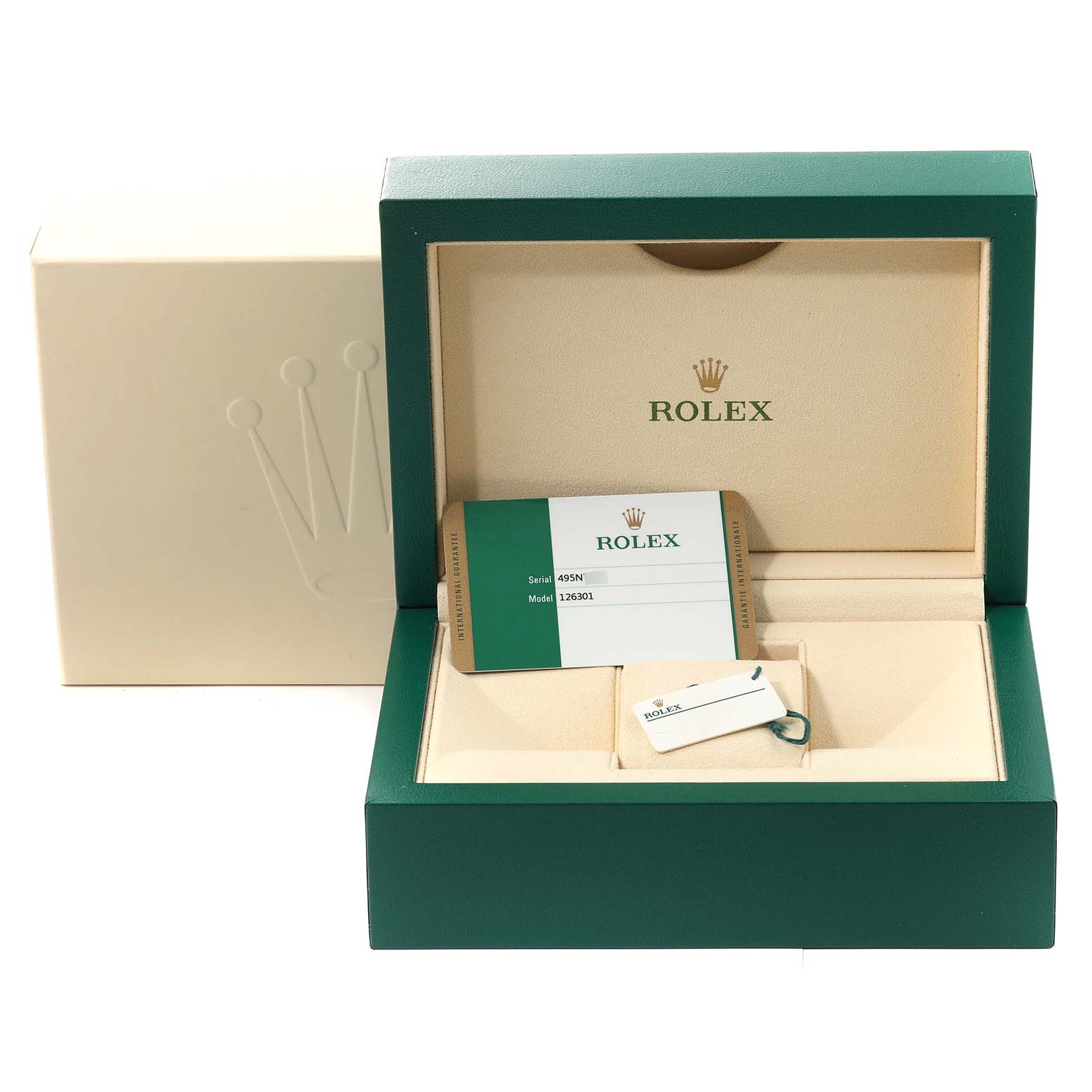 This image shows the open packaging box and accessories for a Rolex Datejust 41 126301 Men's Steel and Gold (two tone) Grey Dial 126301 Men's Steel and Gold (two tone) Grey Dial model, including the warranty card and tag.
