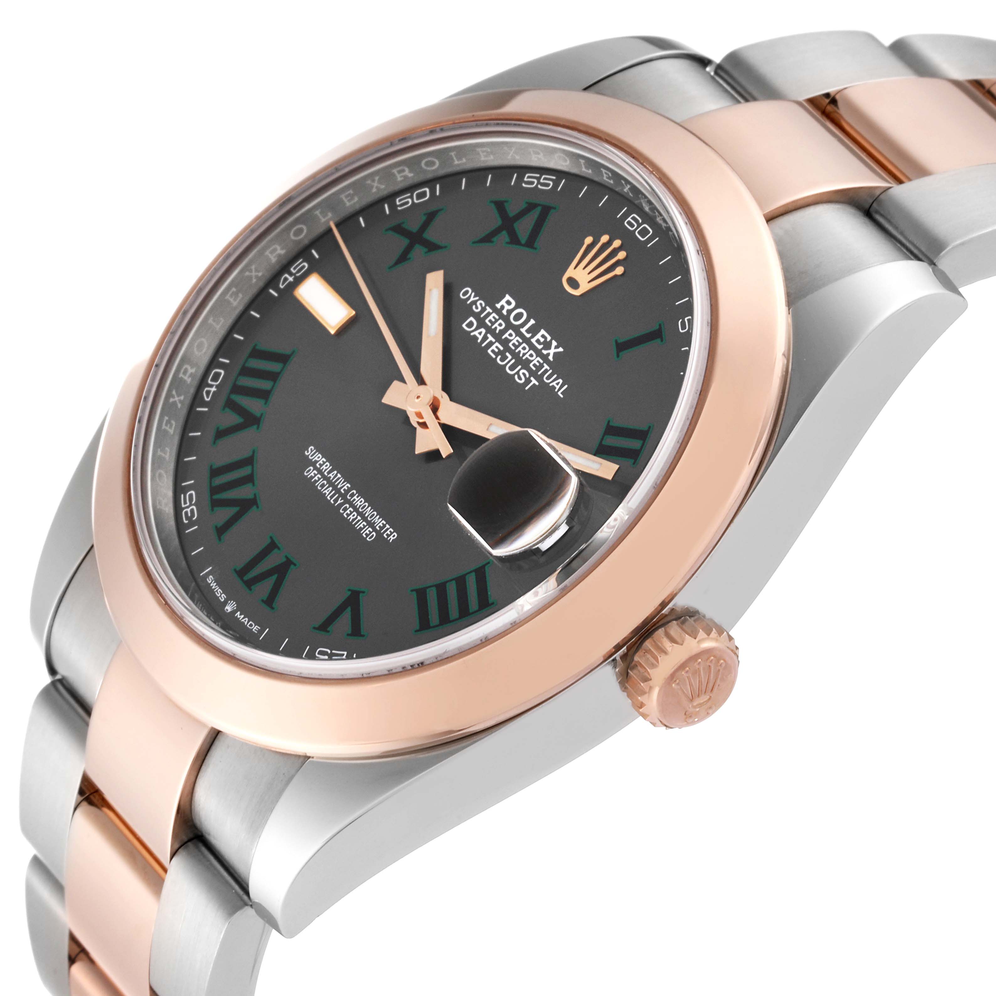 The image shows a slight angled side view of the Rolex Datejust 41 126301 Men's Steel and Gold (two tone) Grey Dial 126301 Men's Steel and Gold (two tone) Grey Dial, highlighting the dial, crown, and part of the bracelet.