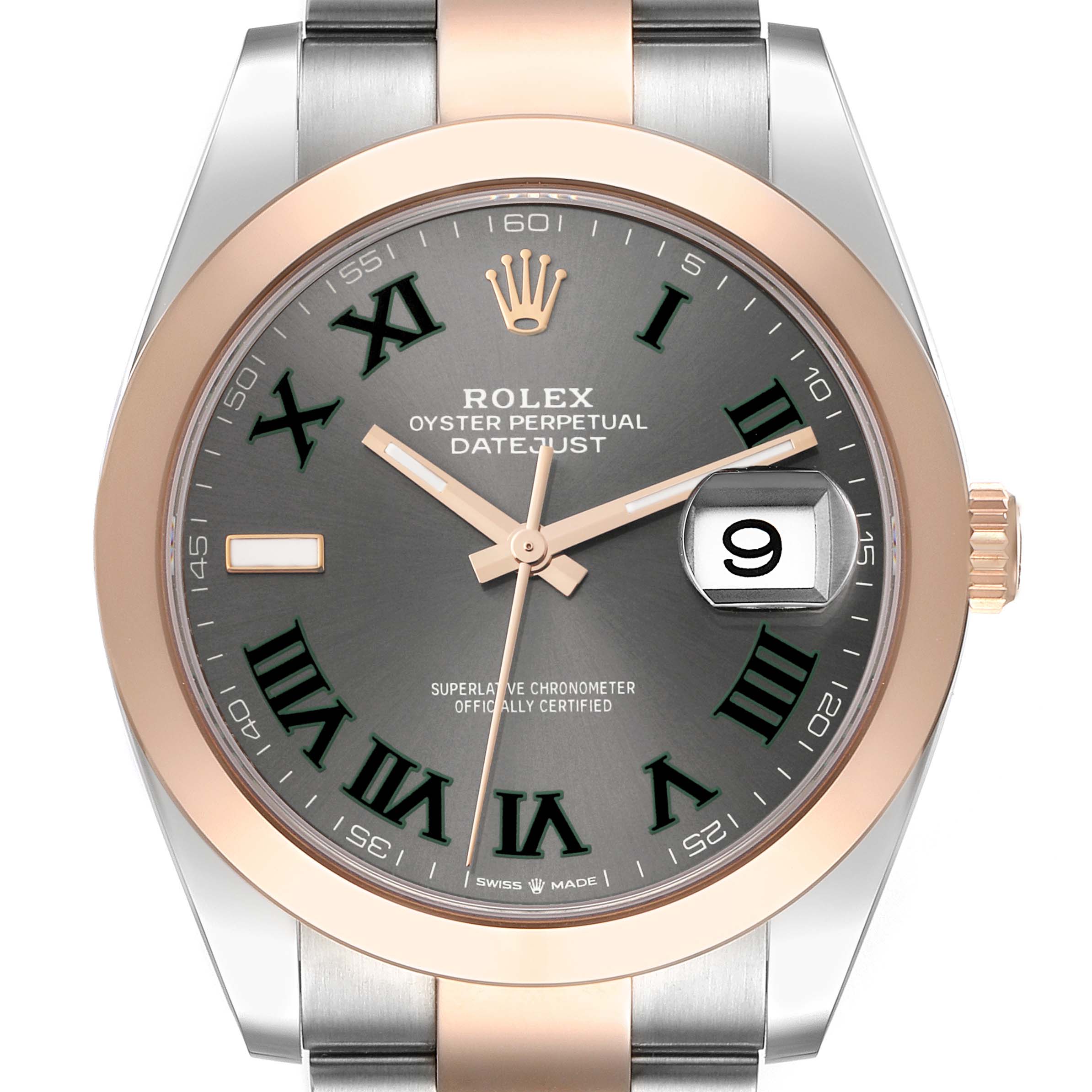 This image shows a front view of the Rolex Datejust 41 126301 Men's Steel and Gold (two tone) Grey Dial 126301 Men's Steel and Gold (two tone) Grey Dial watch, highlighting its dial, hands, bezel, and bracelet.