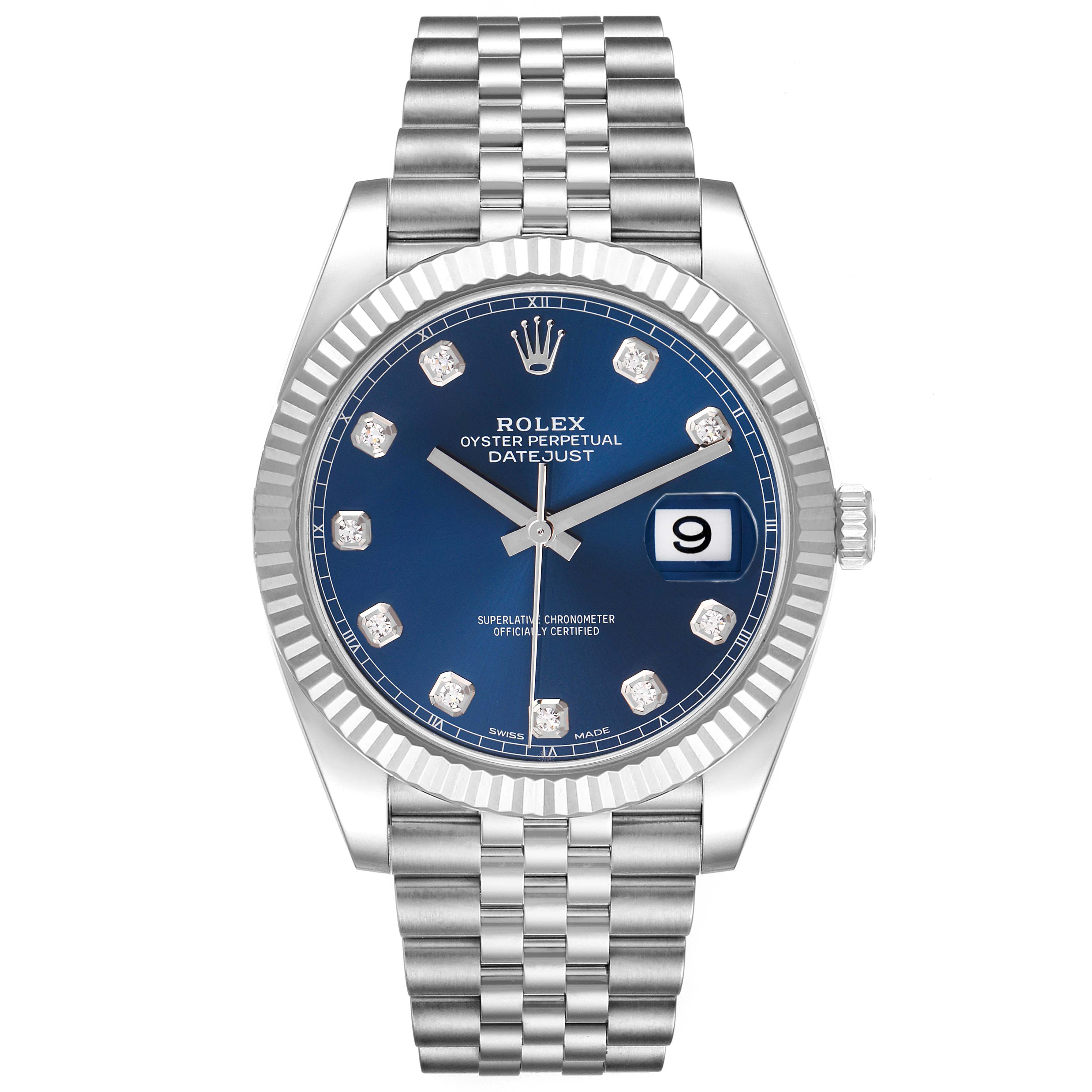 The Rolex Datejust 41 126334 Men
s Stainless Steel Blue Dial 126334 Men
s Stainless Steel Blue Dial watch is shown from a top-down angle, highlighting the blue dial, fluted bezel, and Jubilee bracelet.