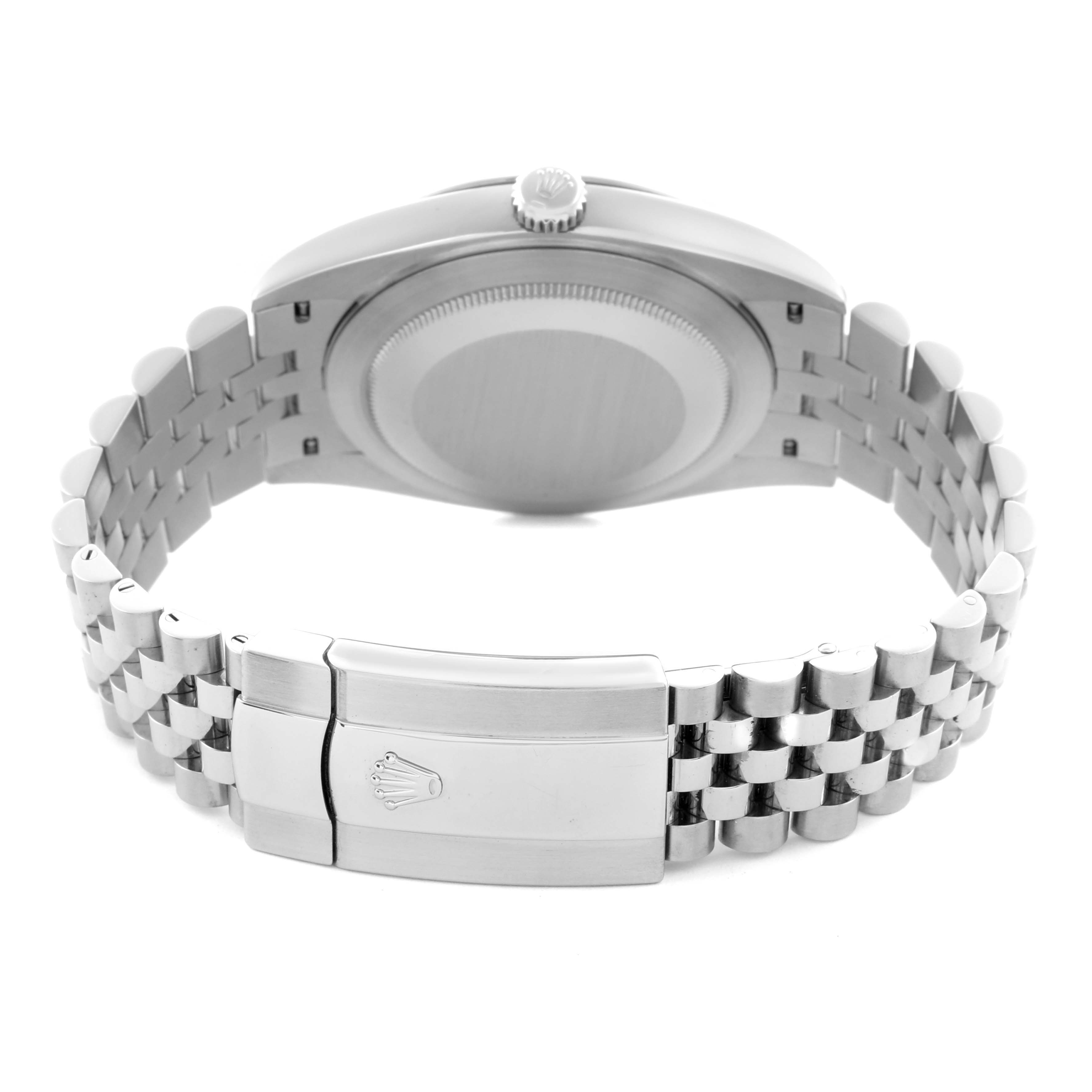 The image shows the back case, crown, and bracelet clasp of a Rolex Datejust 41 126334 Men
s Stainless Steel Blue Dial 126334 Men
s Stainless Steel Blue Dial watch.