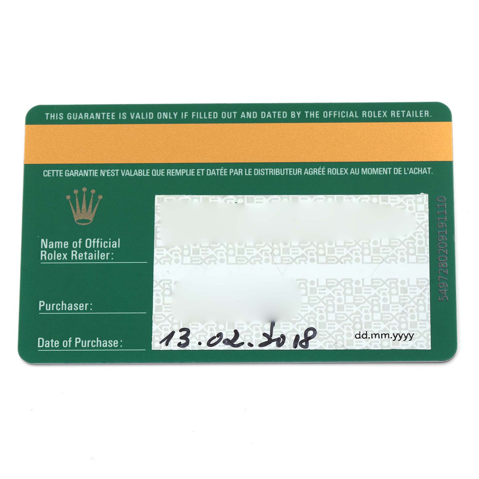 The image shows the warranty card for the Rolex Datejust 41 126334 Men
s Stainless Steel Blue Dial 126334 Men
s Stainless Steel Blue Dial, displaying the purchase date and retailer information.