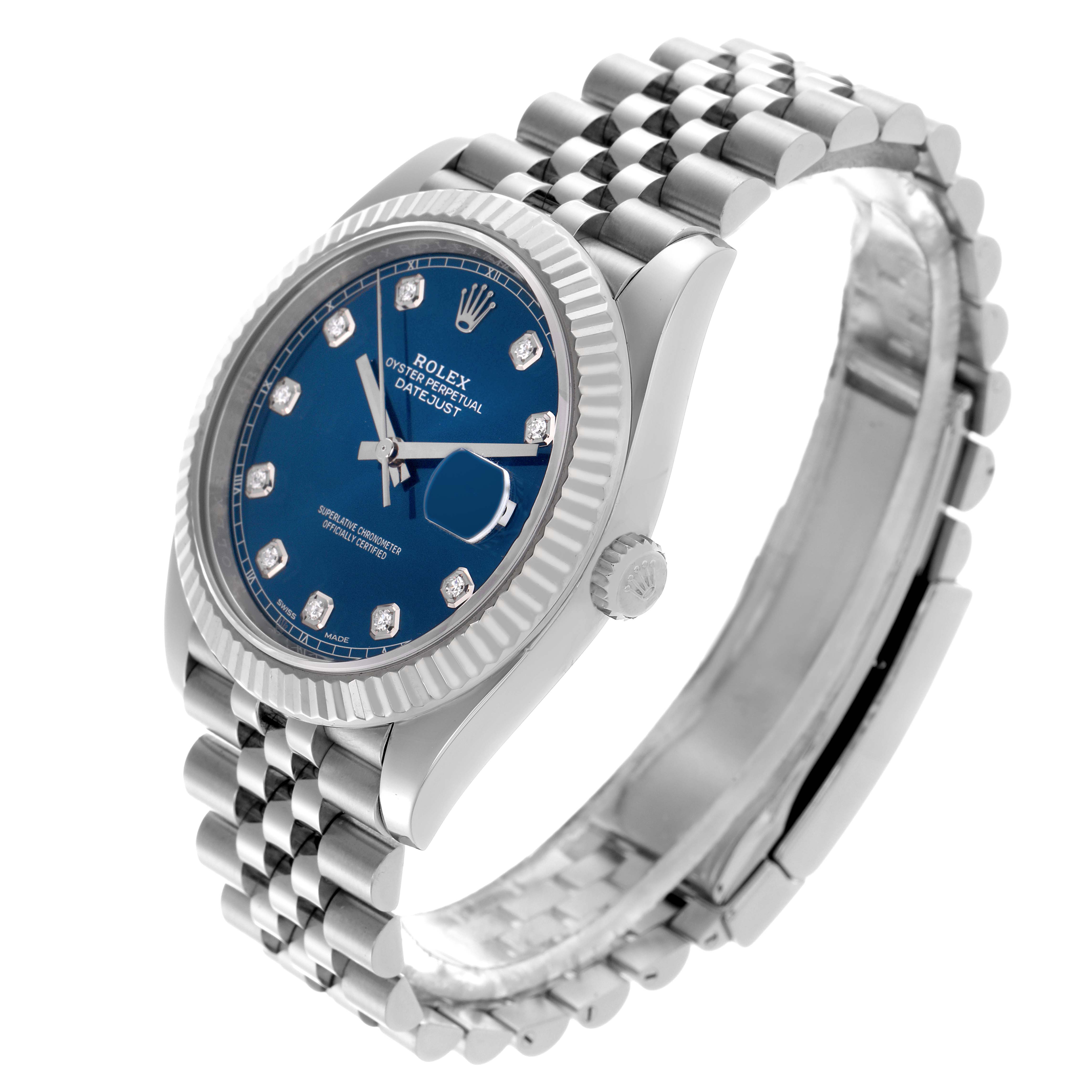 The Rolex Datejust 41 126334 Men
s Stainless Steel Blue Dial 126334 Men
s Stainless Steel Blue Dial watch is shown at a three-quarter angle displaying the face, crown, and part of the bracelet.