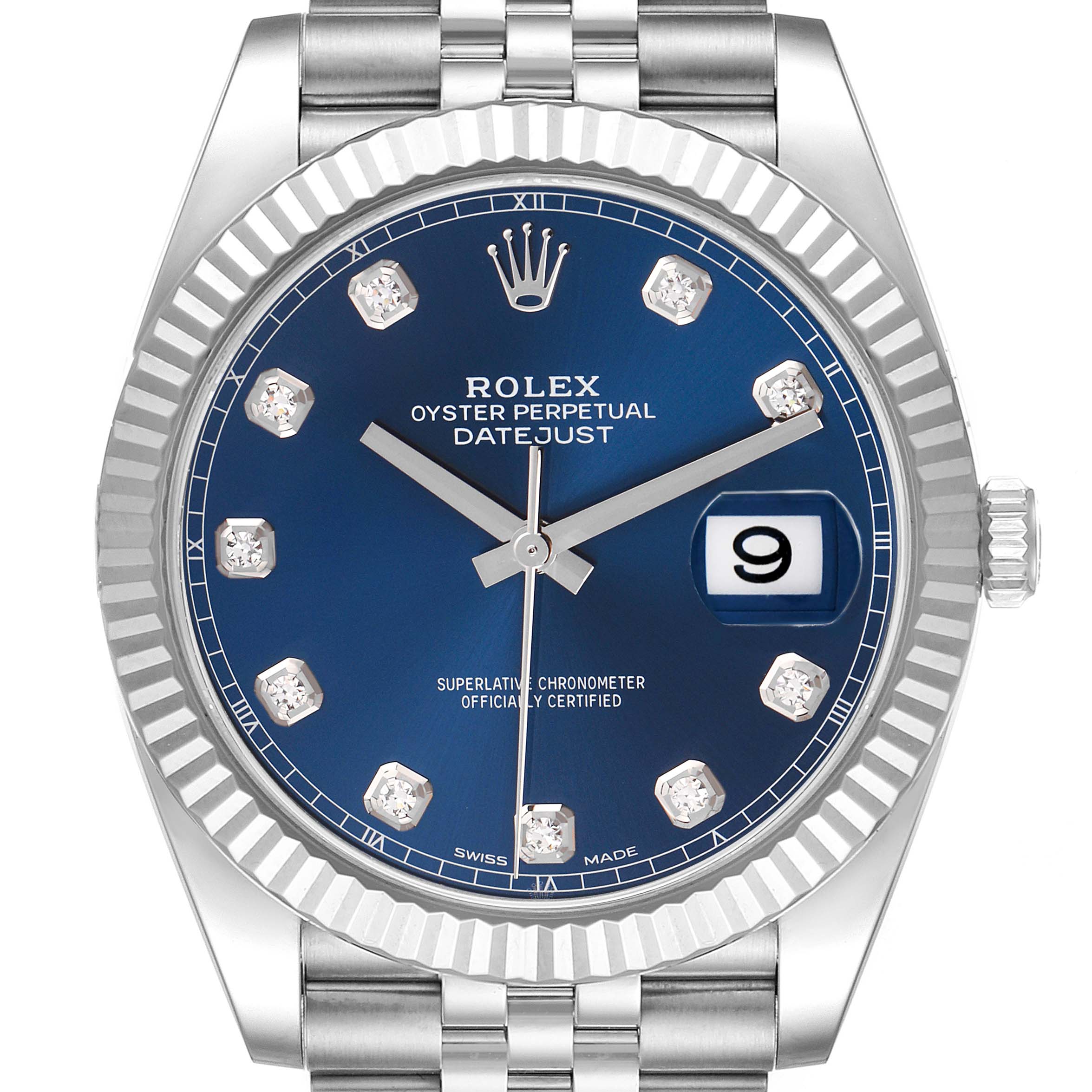 The Rolex Datejust 41 126334 Men
s Stainless Steel Blue Dial 126334 Men
s Stainless Steel Blue Dial watch is shown from a front angle, highlighting the dial, bezel, hands, markers, and date.