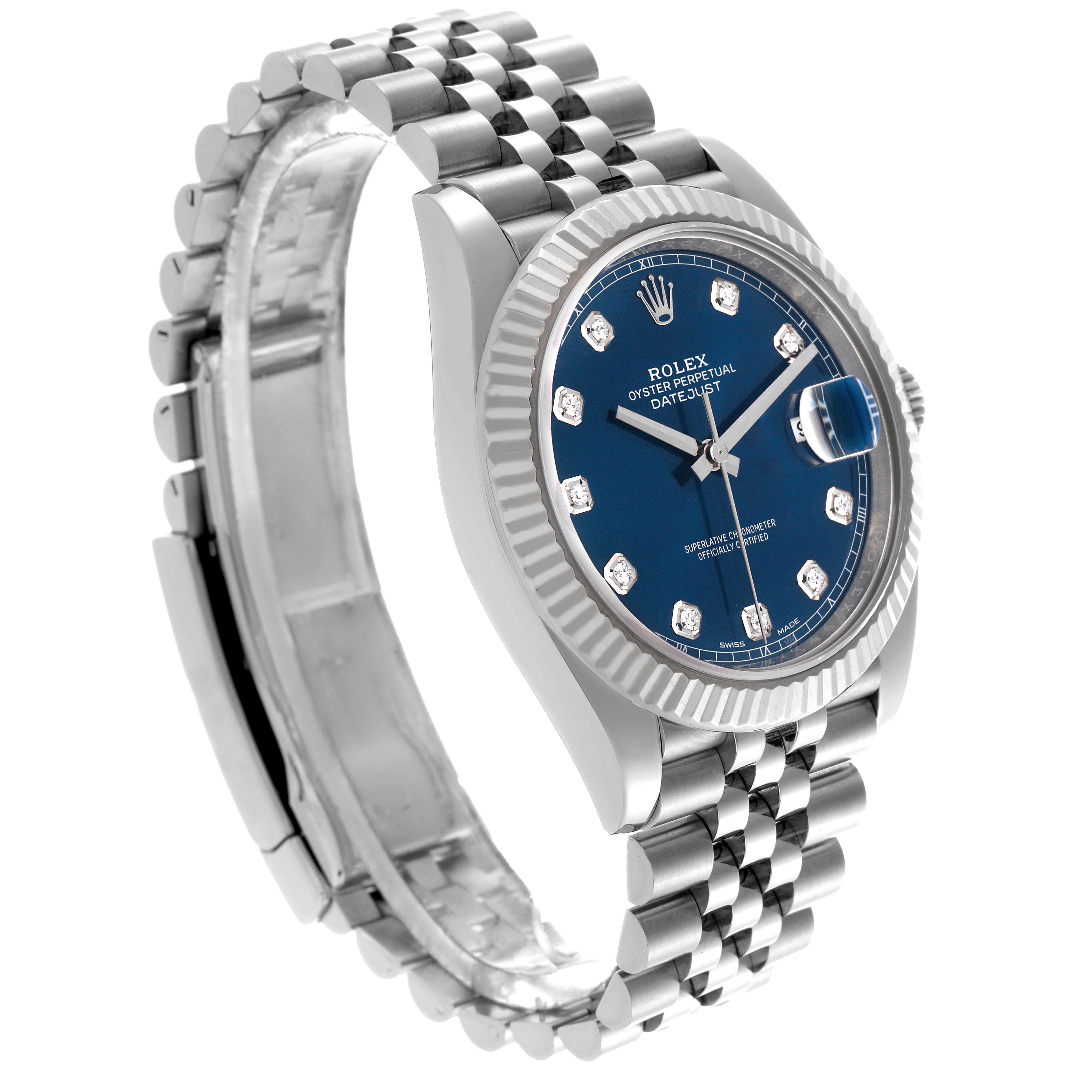 The Rolex Datejust 41 126334 Men
s Stainless Steel Blue Dial 126334 Men
s Stainless Steel Blue Dial is shown from an angled side view, highlighting the blue dial, fluted bezel, and Jubilee bracelet.