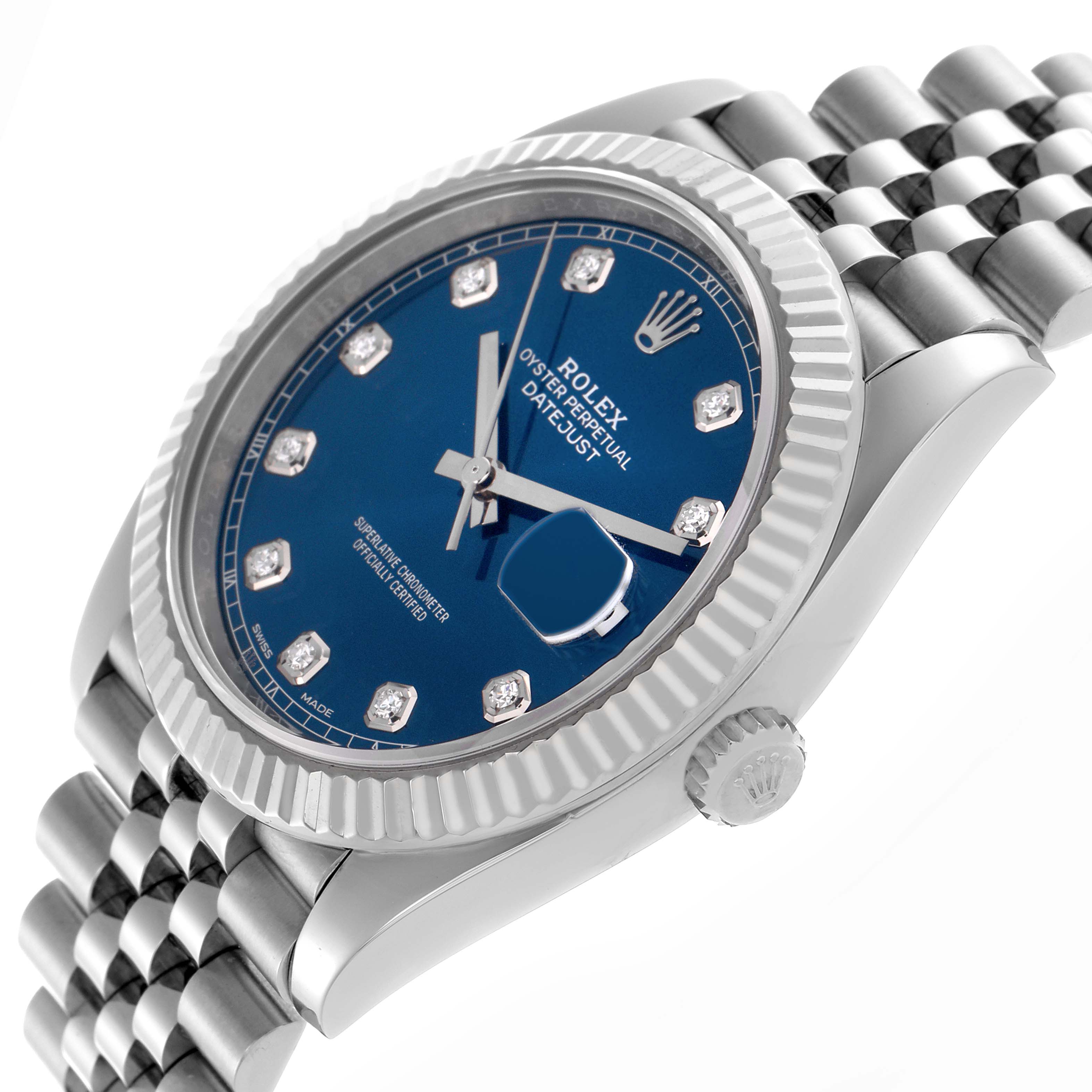 The Rolex Datejust 41 126334 Men
s Stainless Steel Blue Dial 126334 Men
s Stainless Steel Blue Dial is shown at an angled side view, highlighting the blue dial, fluted bezel, and Jubilee bracelet.