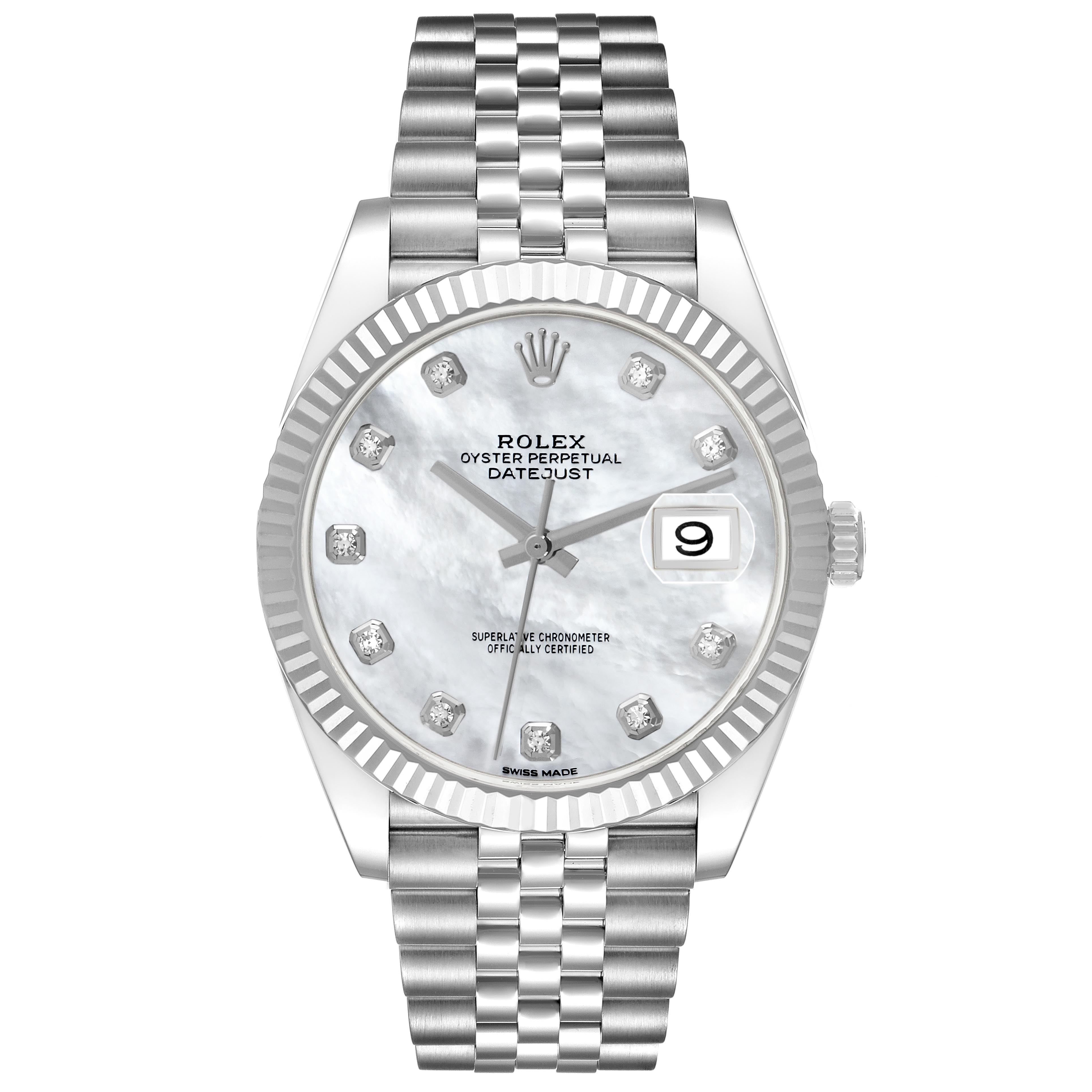 The Rolex Datejust 41 126334 Men's Stainless Steel Mother of Pearl Dial 126334 Men's Stainless Steel Mother of Pearl Dial is shown from the front, displaying its dial, bezel, crown, and bracelet.