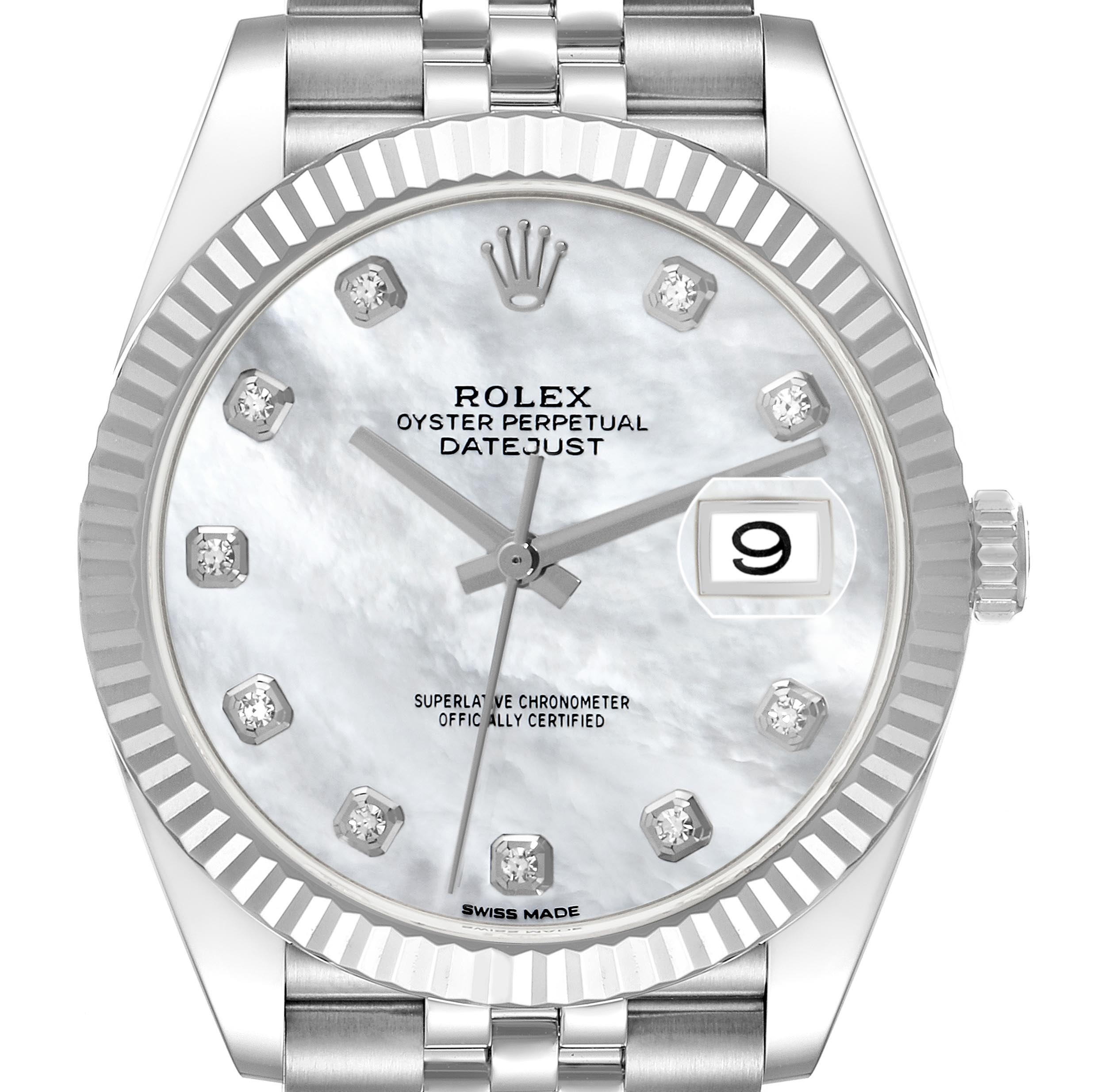 The Rolex Datejust 41 126334 Men's Stainless Steel Mother of Pearl Dial 126334 Men's Stainless Steel Mother of Pearl Dial is shown from the front, highlighting its dial, fluted bezel, and part of the Jubilee bracelet.