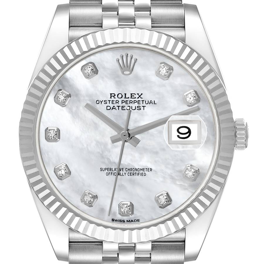 The Rolex Datejust 41 is shown from the front, highlighting its dial, fluted bezel, and part of the Jubilee bracelet.