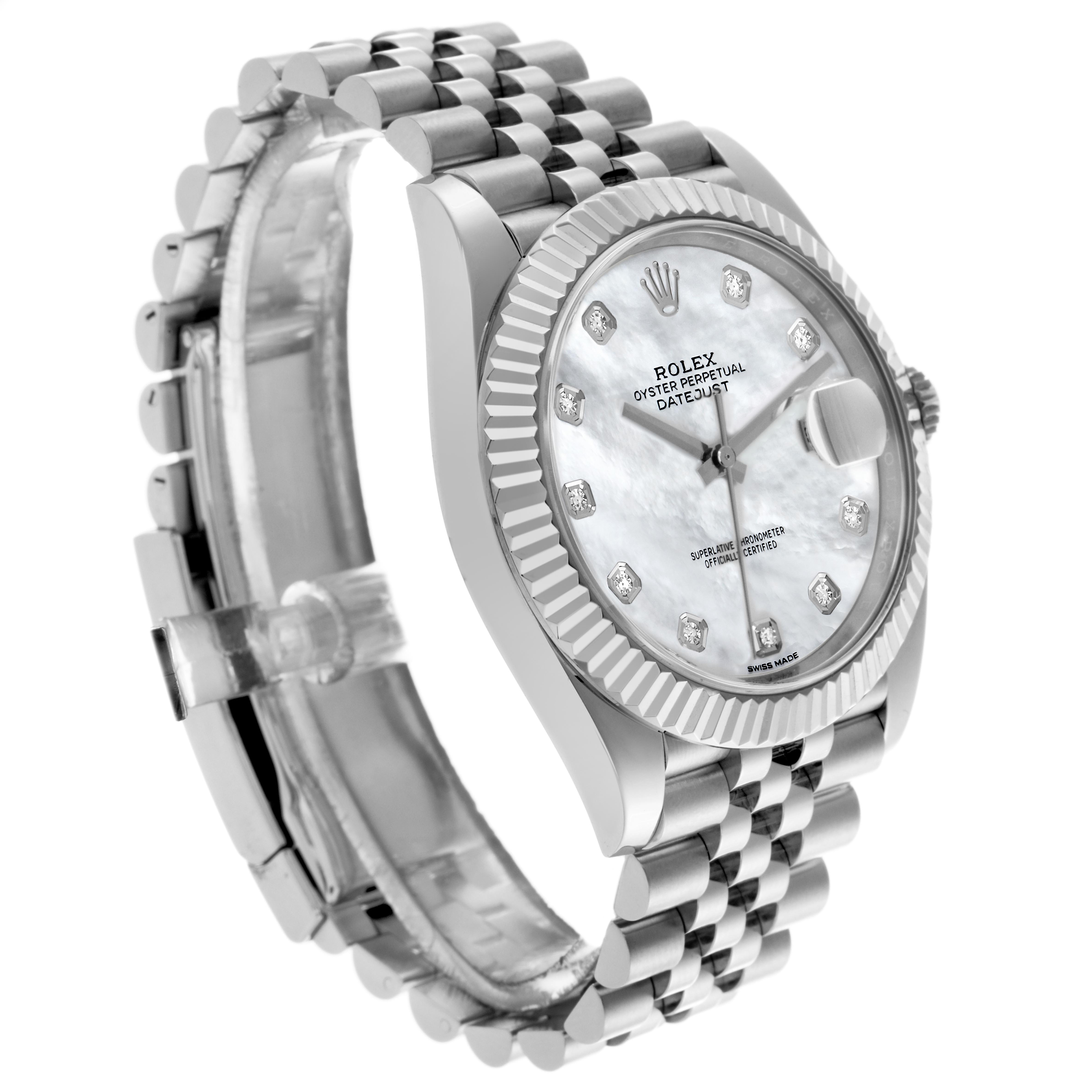 The Rolex Datejust 41 126334 Men's Stainless Steel Mother of Pearl Dial 126334 Men's Stainless Steel Mother of Pearl Dial watch is shown from a side angle, highlighting the face, fluted bezel, and Jubilee bracelet.