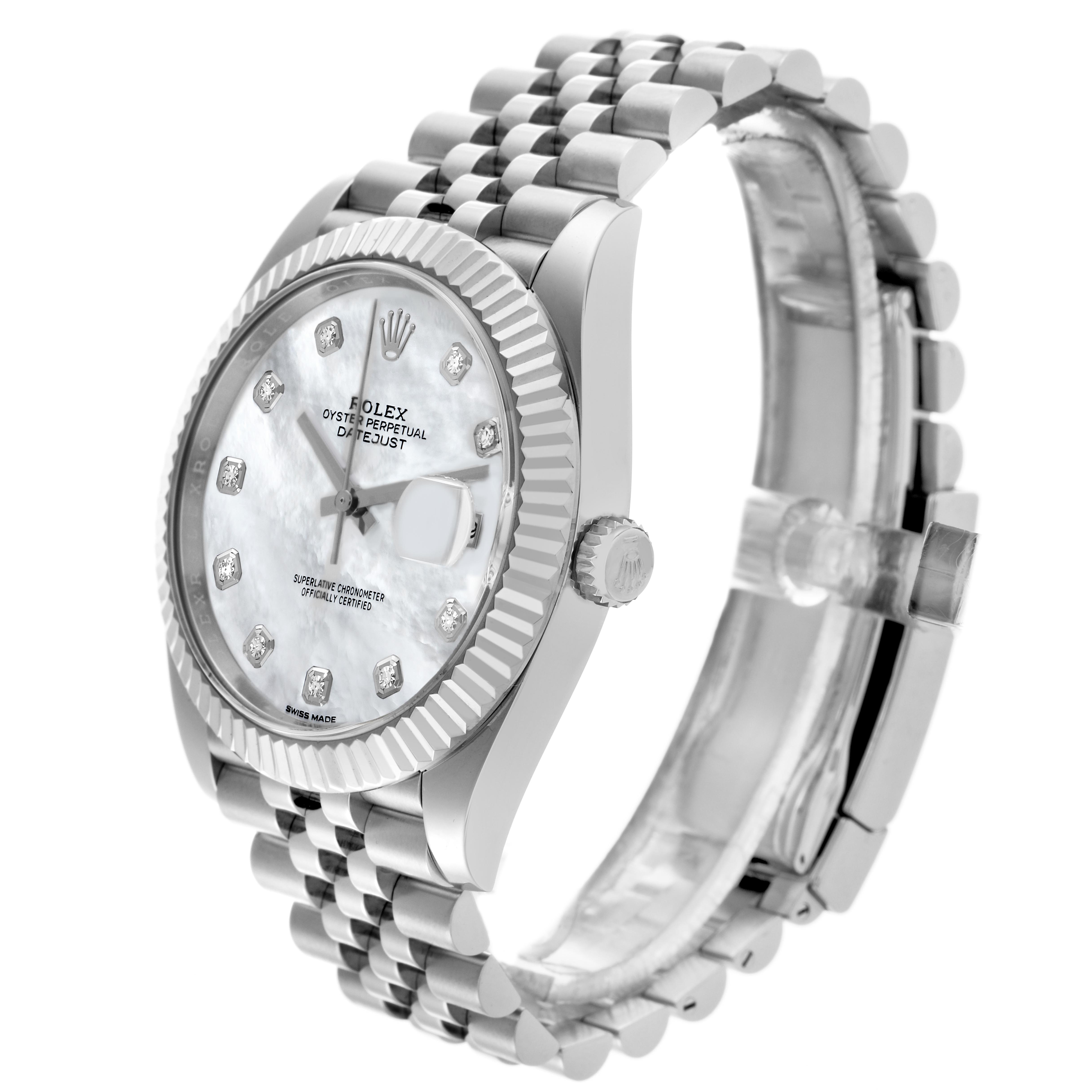 The Rolex Datejust 41 126334 Men's Stainless Steel Mother of Pearl Dial 126334 Men's Stainless Steel Mother of Pearl Dial is shown from an angled side view, displaying its face, fluted bezel, crown, and Jubilee bracelet.