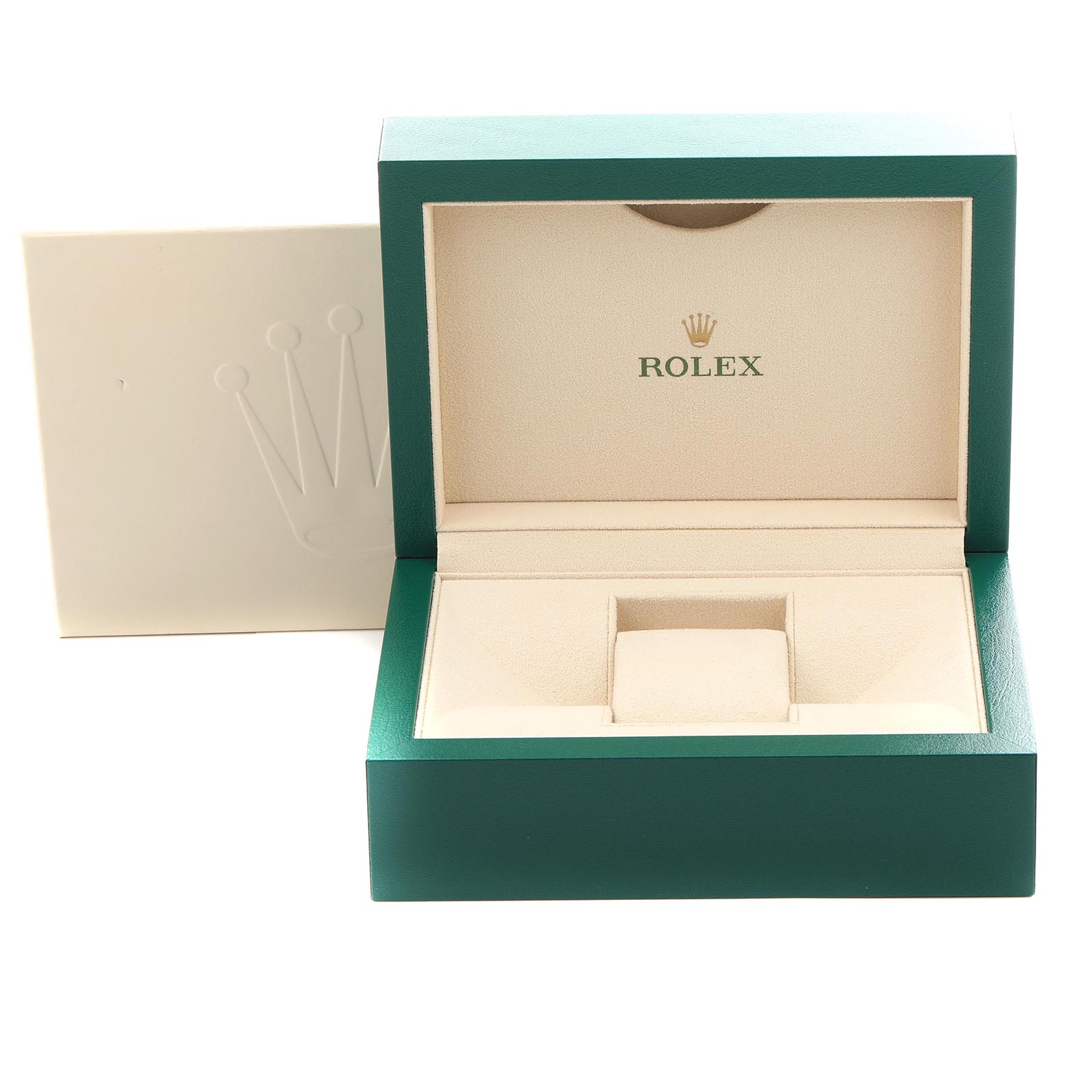 The image shows the open box for the Rolex Datejust 41 126334 Men's Stainless Steel Mother of Pearl Dial 126334 Men's Stainless Steel Mother of Pearl Dial, displaying the interior compartment and branding.