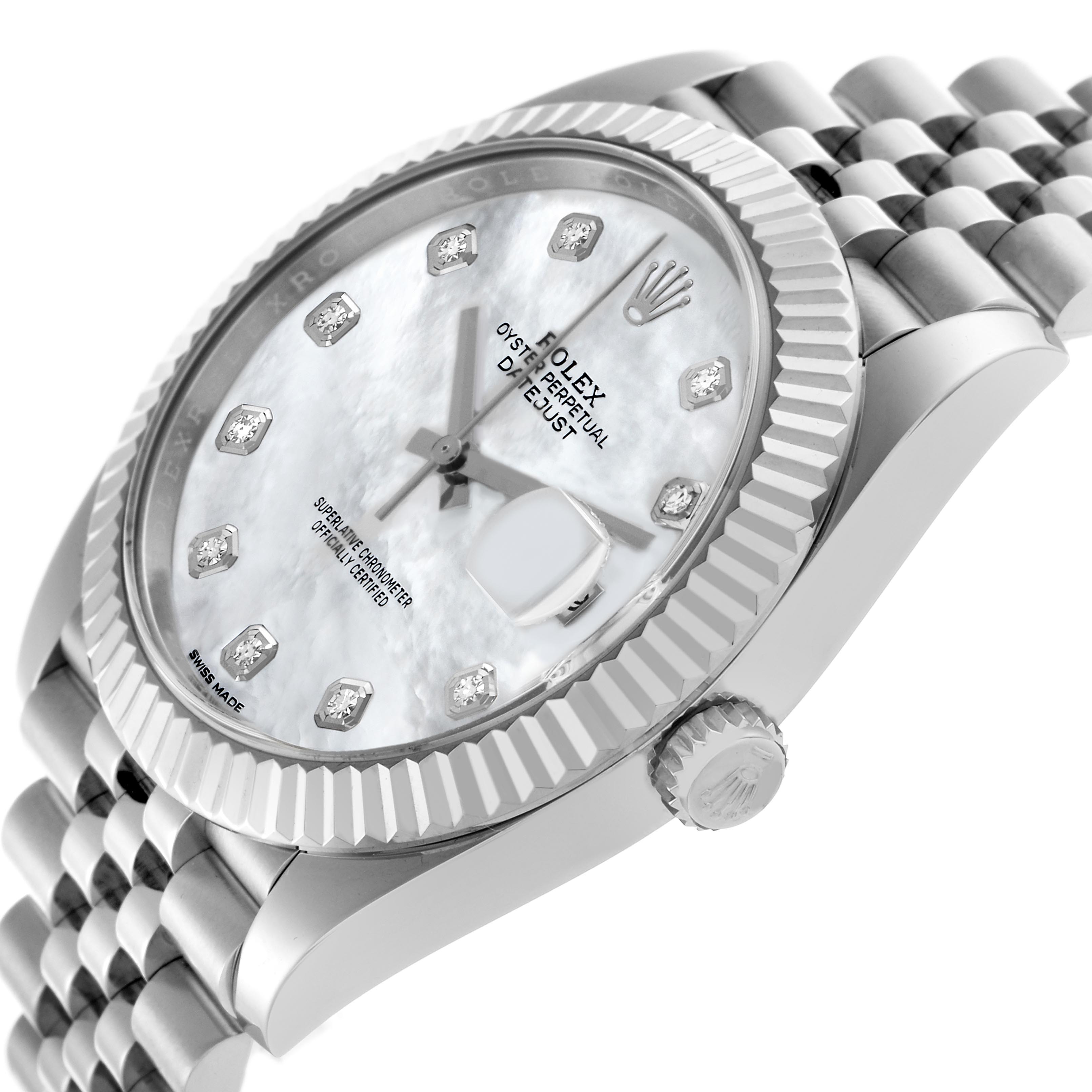 The Rolex Datejust 41 126334 Men's Stainless Steel Mother of Pearl Dial 126334 Men's Stainless Steel Mother of Pearl Dial is shown at an angled side view, highlighting the bezel, dial, crown, and part of the bracelet.