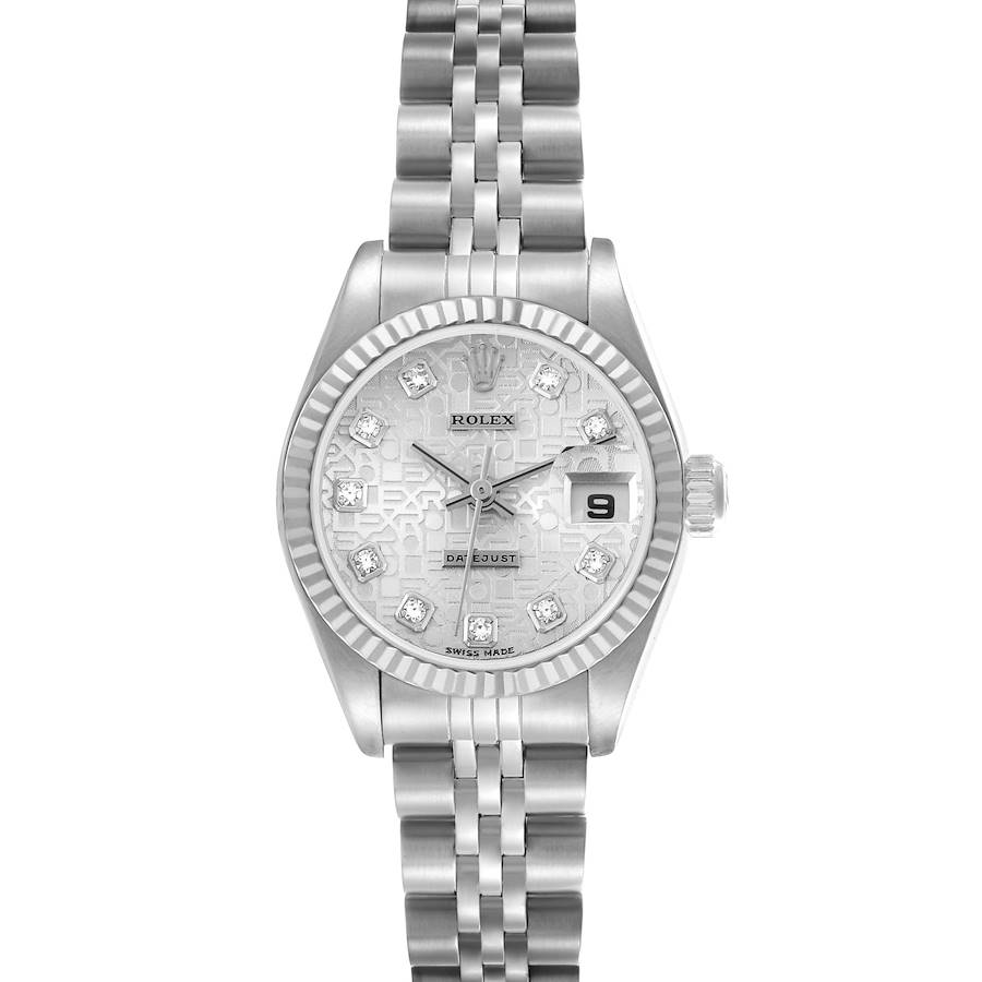 The Rolex Datejust watch is shown from the front, highlighting the dial, bezel, bracelet, and crown.