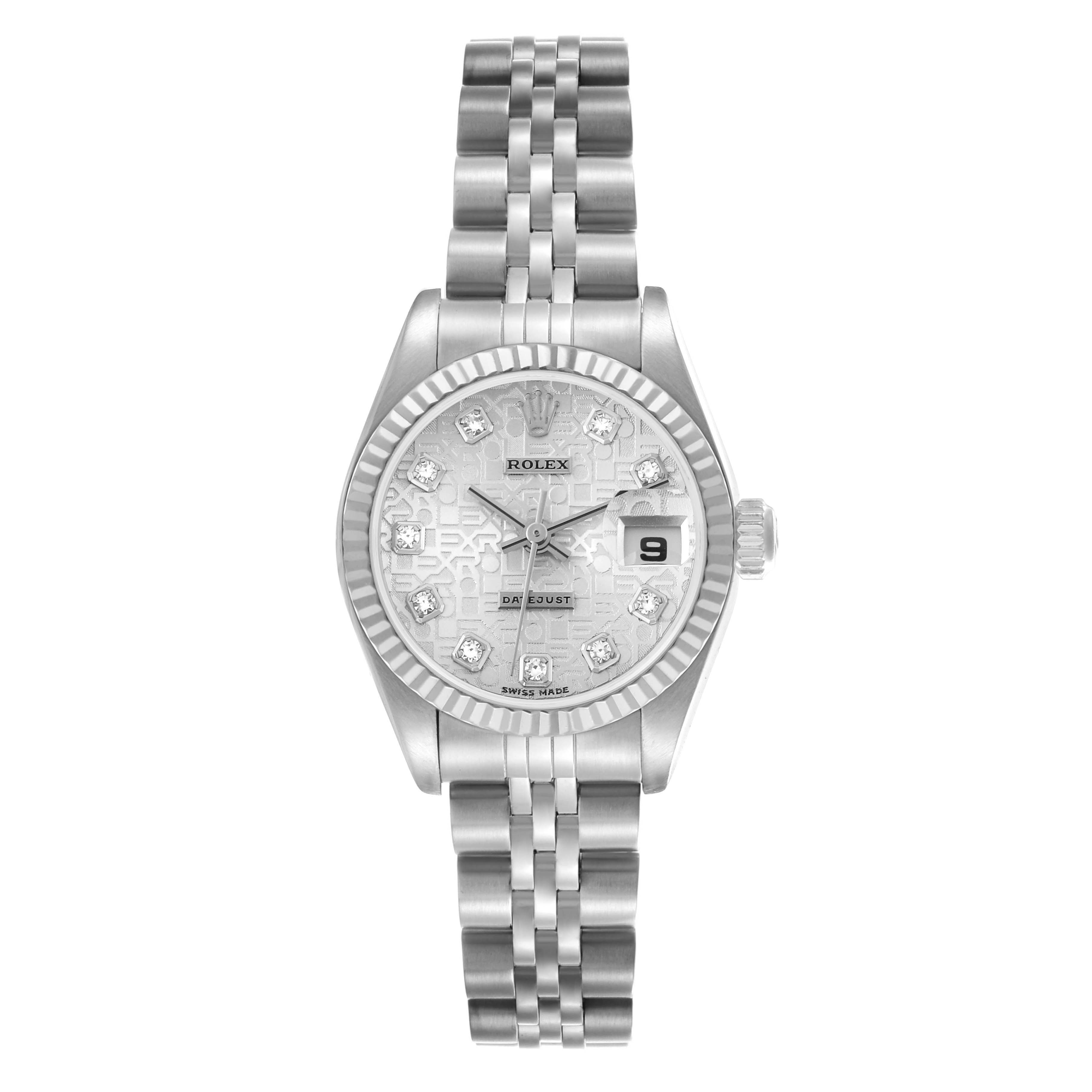 The Rolex Datejust 79174 Women's Stainless Steel Silver Dial 79174 Women's Stainless Steel Silver Dial watch is shown from a front angle, displaying the face, bezel, bracelet, and date window.