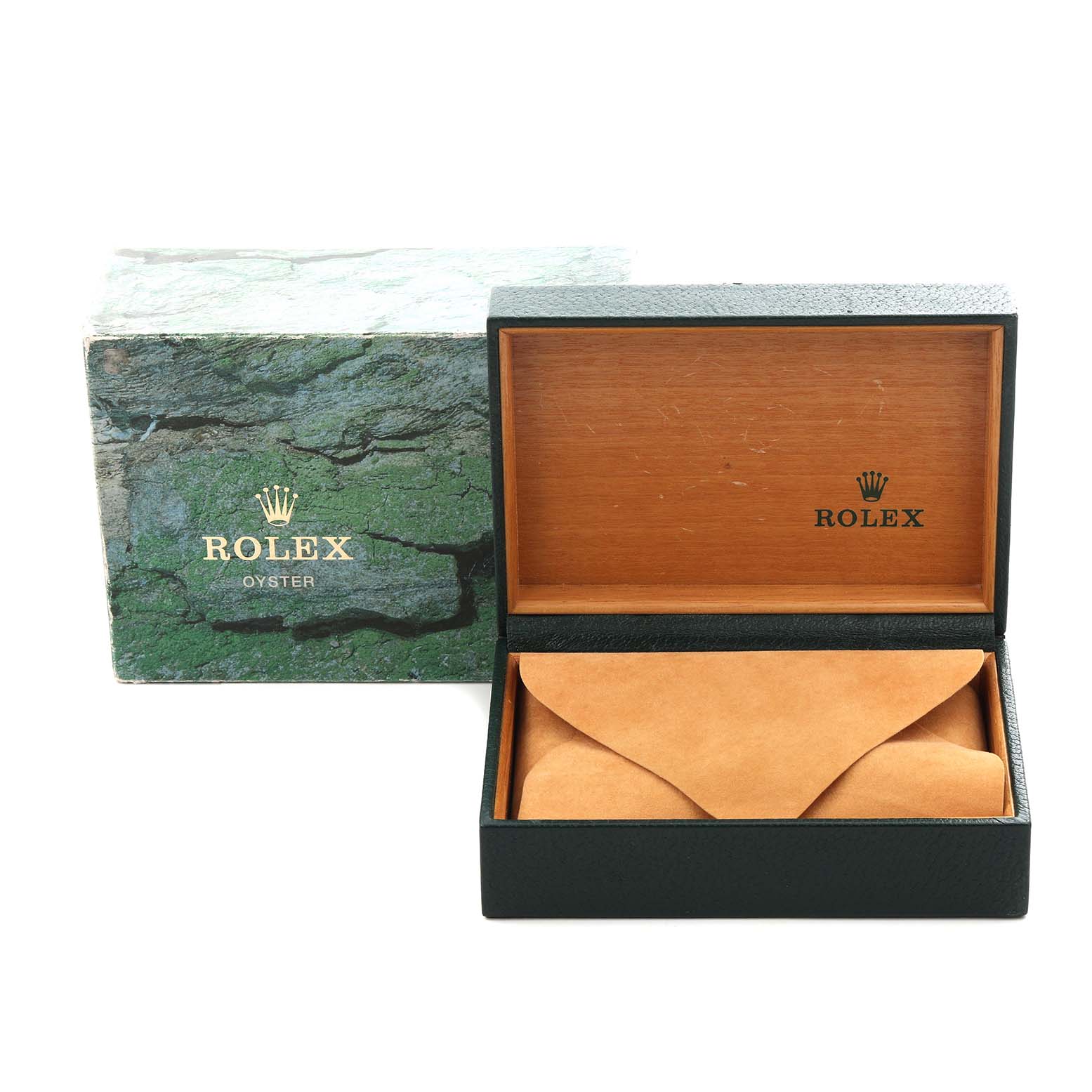 This image shows the open empty box and protective pouch for a Rolex Datejust 79174 Women's Stainless Steel Silver Dial 79174 Women's Stainless Steel Silver Dial watch.