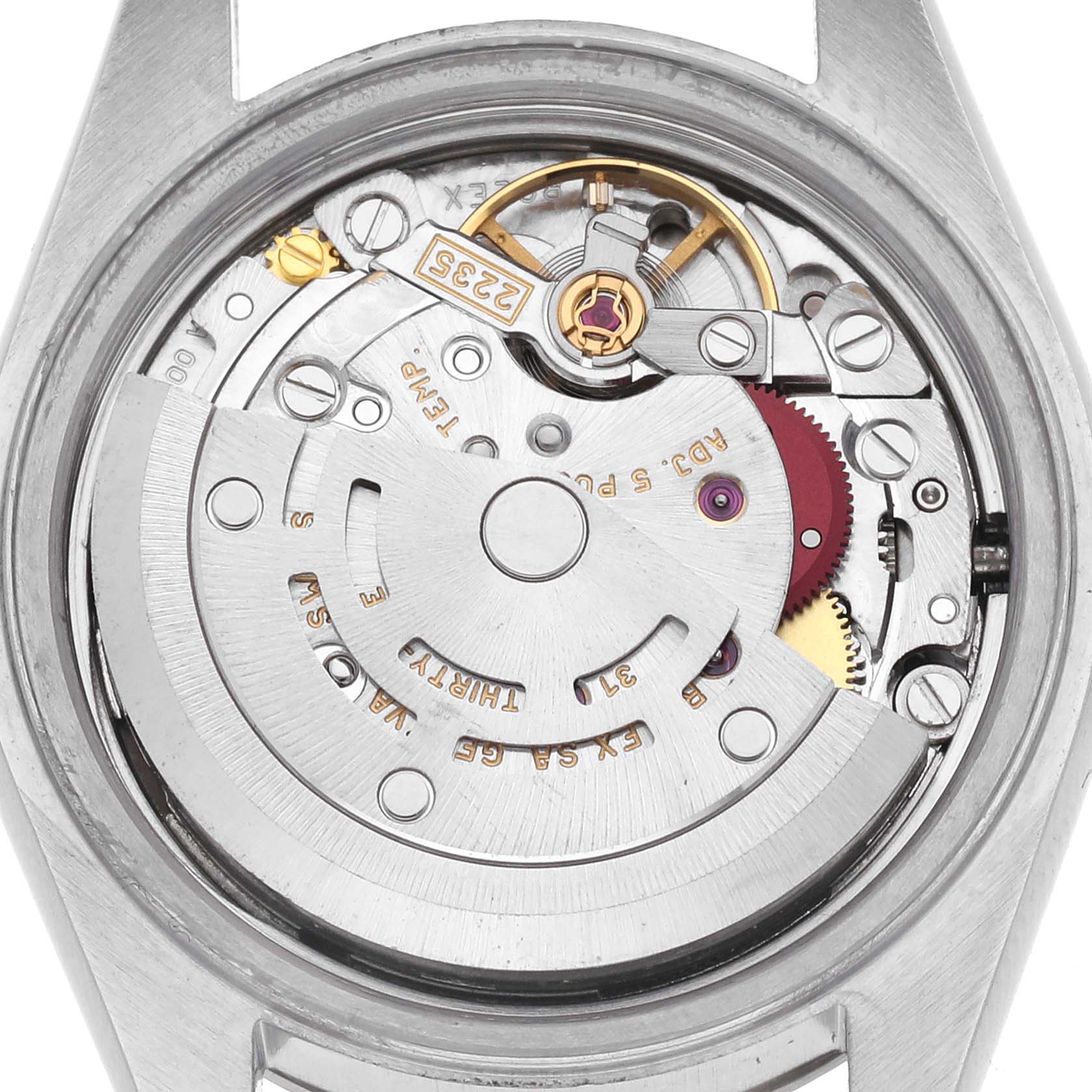 The image shows the back view of a Rolex Datejust 79174 Women's Stainless Steel Silver Dial 79174 Women's Stainless Steel Silver Dial, displaying the intricate movement mechanism.
