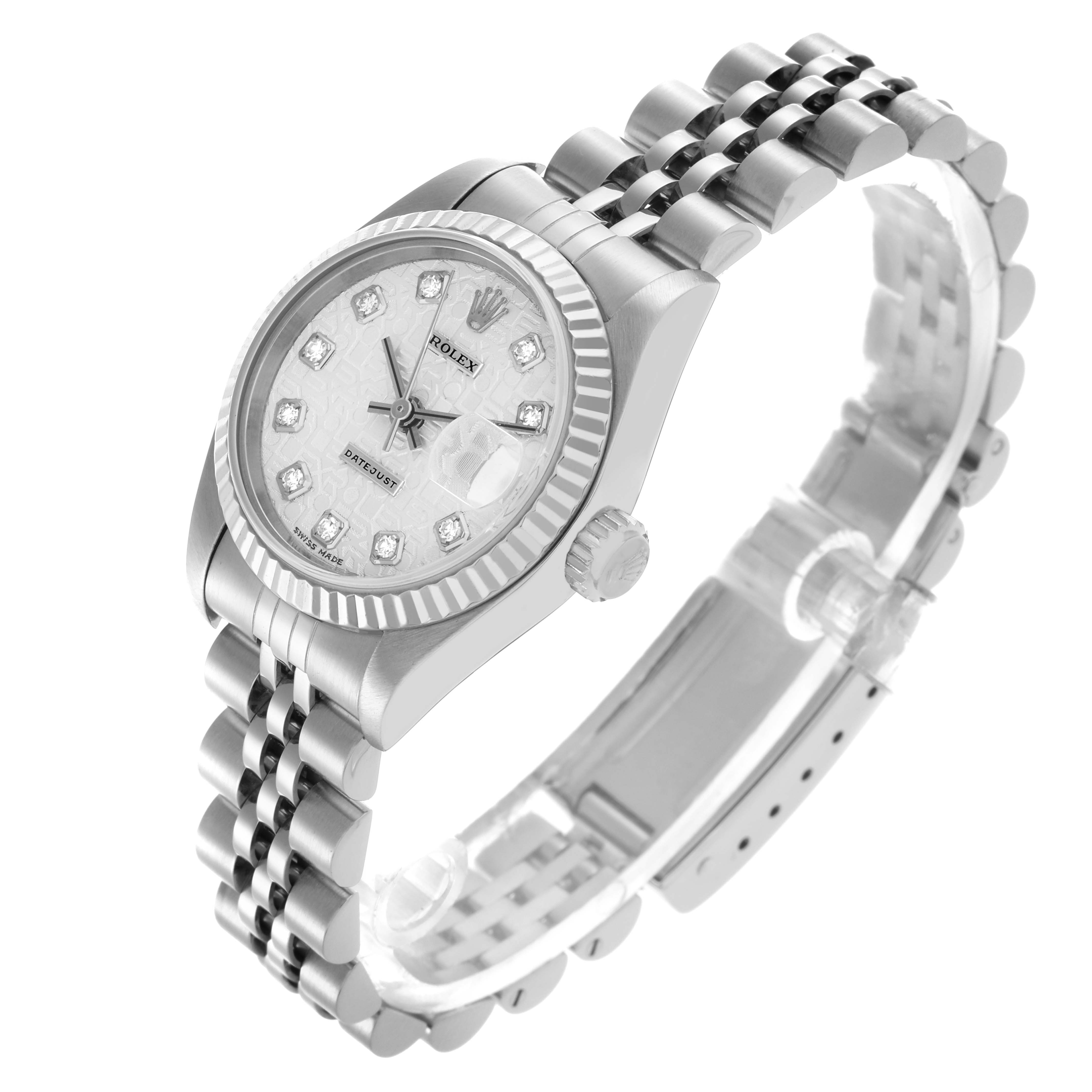 The Rolex Datejust 79174 Women's Stainless Steel Silver Dial 79174 Women's Stainless Steel Silver Dial watch is shown at a three-quarter angle, highlighting the face, bezel, crown, and part of the bracelet.