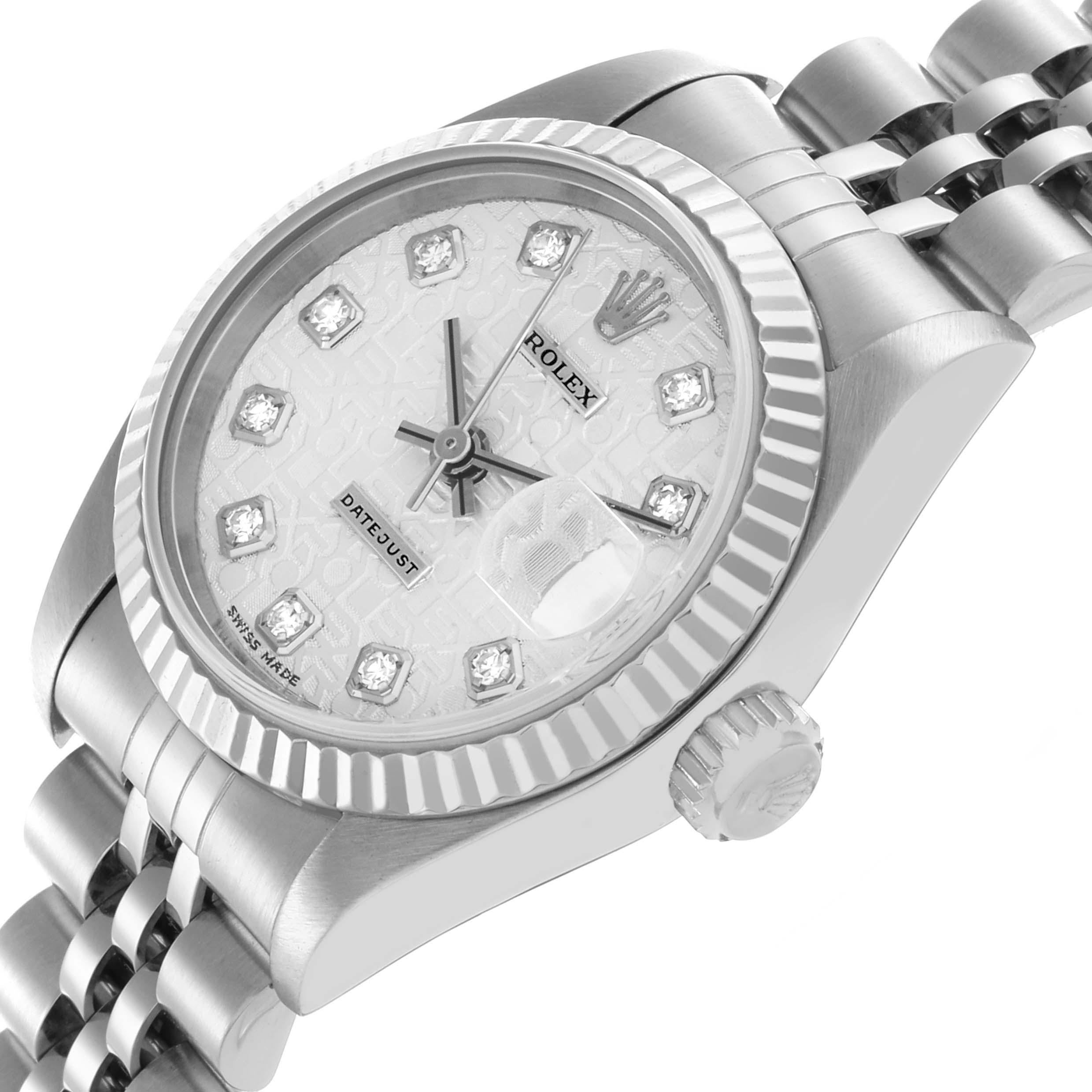 The Rolex Datejust 79174 Women's Stainless Steel Silver Dial 79174 Women's Stainless Steel Silver Dial watch is shown from an angled side view featuring the dial, bezel, crown, and part of the bracelet.