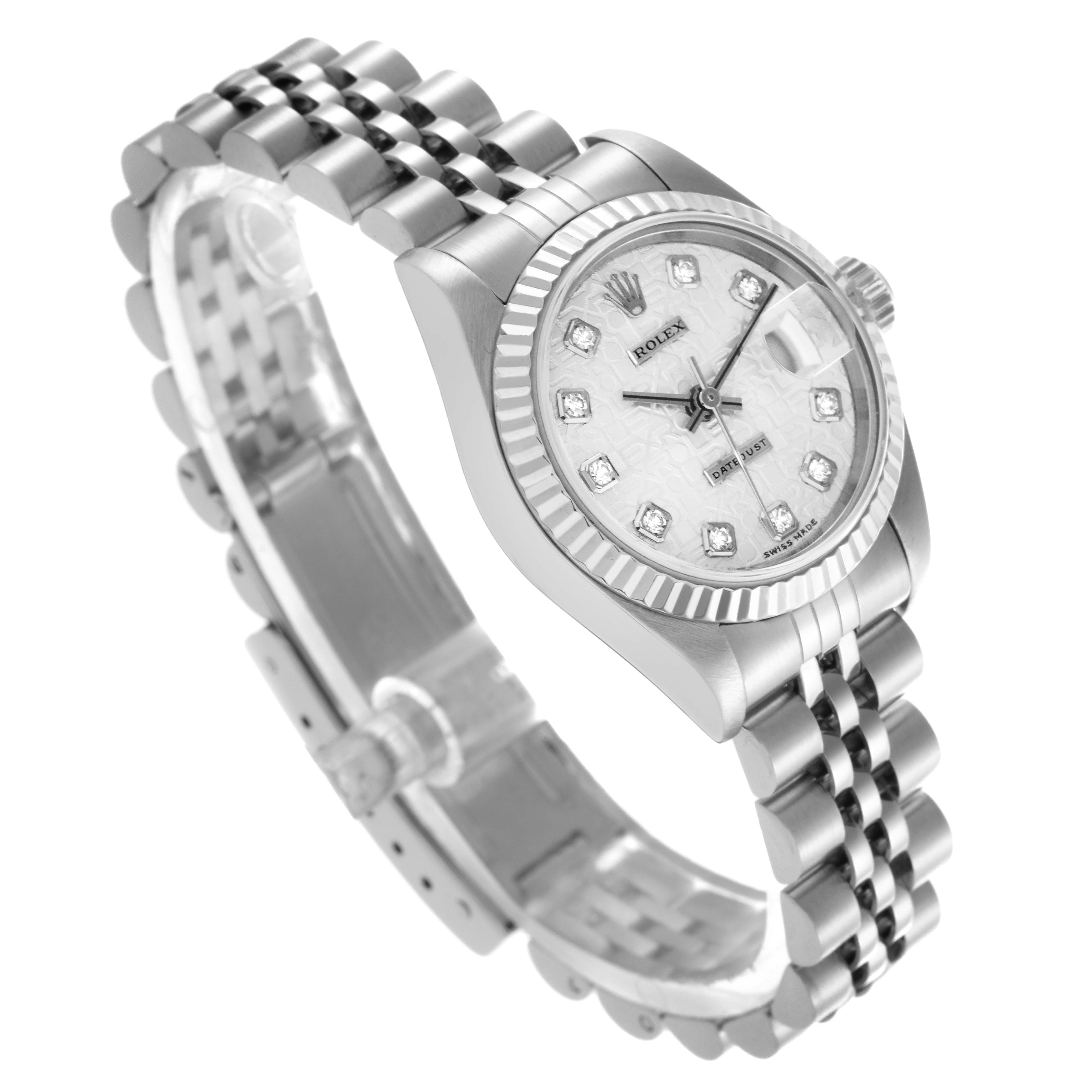 The Rolex Datejust 79174 Women's Stainless Steel Silver Dial 79174 Women's Stainless Steel Silver Dial watch is shown at a slight top-down angle, highlighting the silver bracelet and diamond-accented dial.
