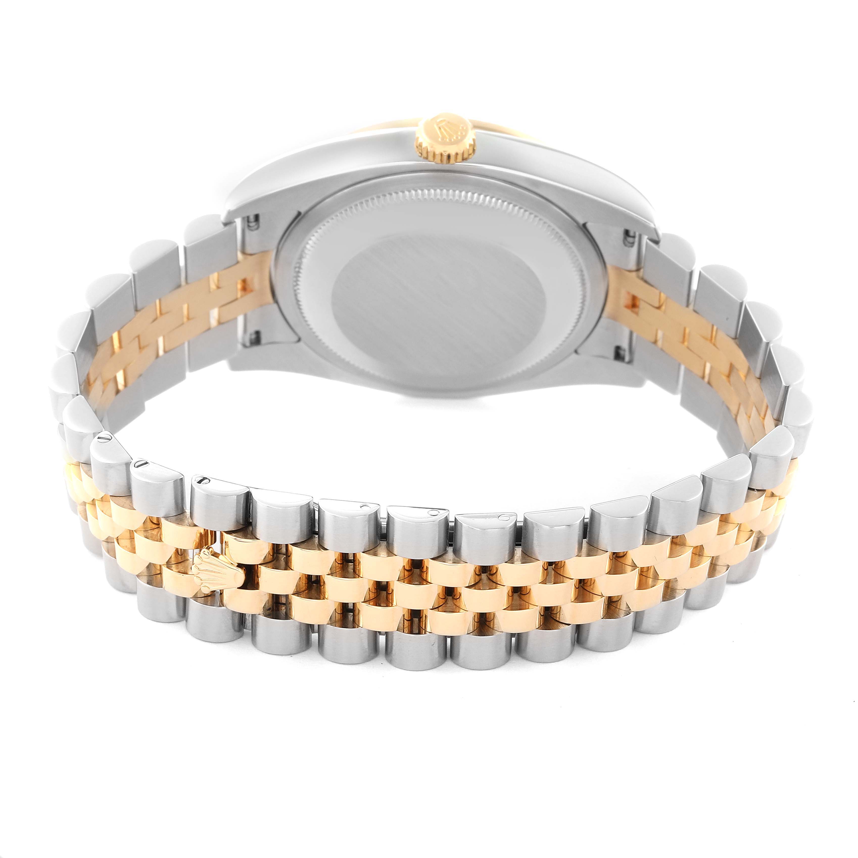 The image shows the back view of a Rolex Datejust 116243 Men's Steel and Gold (two tone) Champagne Dial 116243 Men's Steel and Gold (two tone) Champagne Dial watch, focusing on the gold and silver bracelet and caseback.