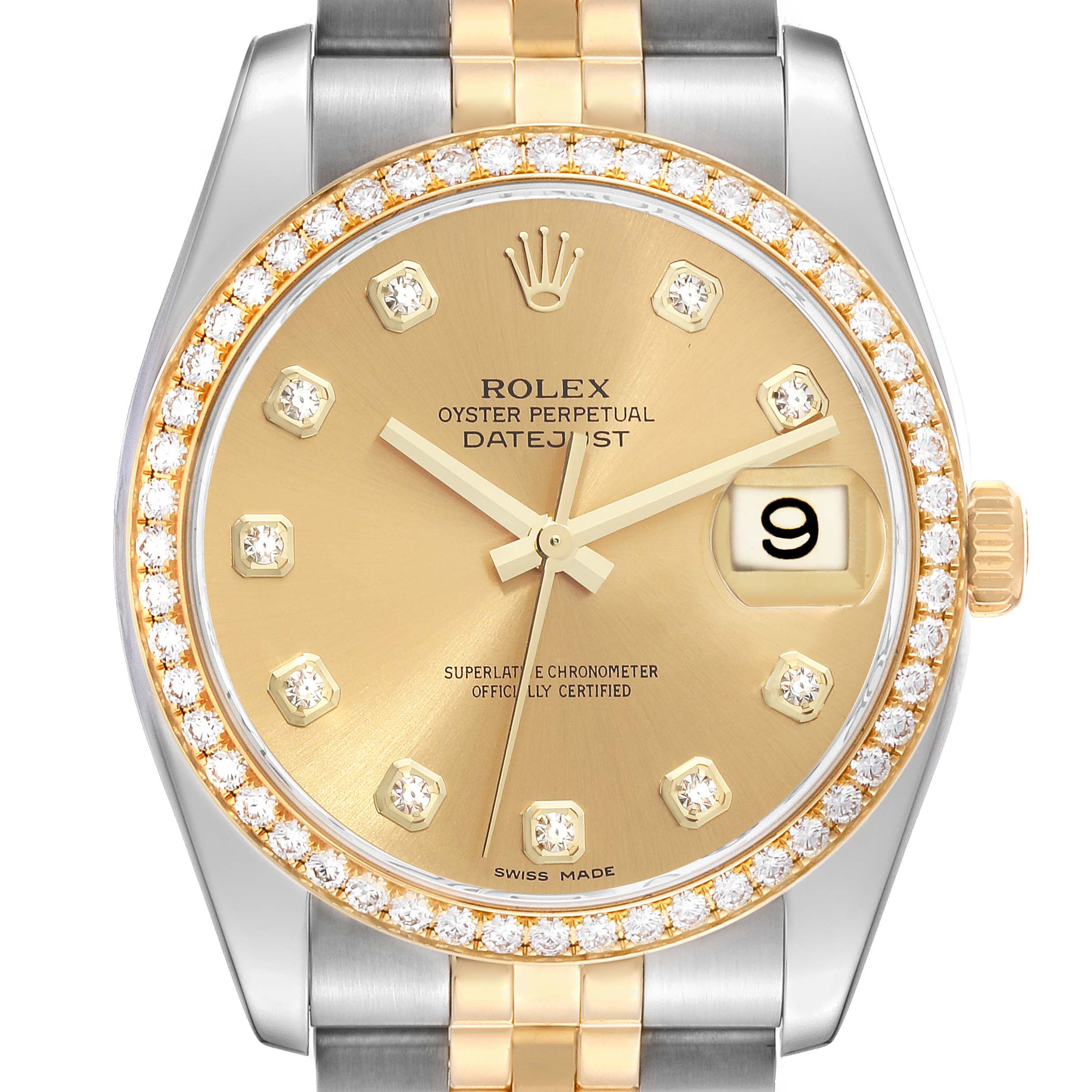 This image shows the face of the Rolex Datejust 116243 Men's Steel and Gold (two tone) Champagne Dial 116243 Men's Steel and Gold (two tone) Champagne Dial watch, highlighting the gold dial, diamond hour markers, and two-tone bracelet.