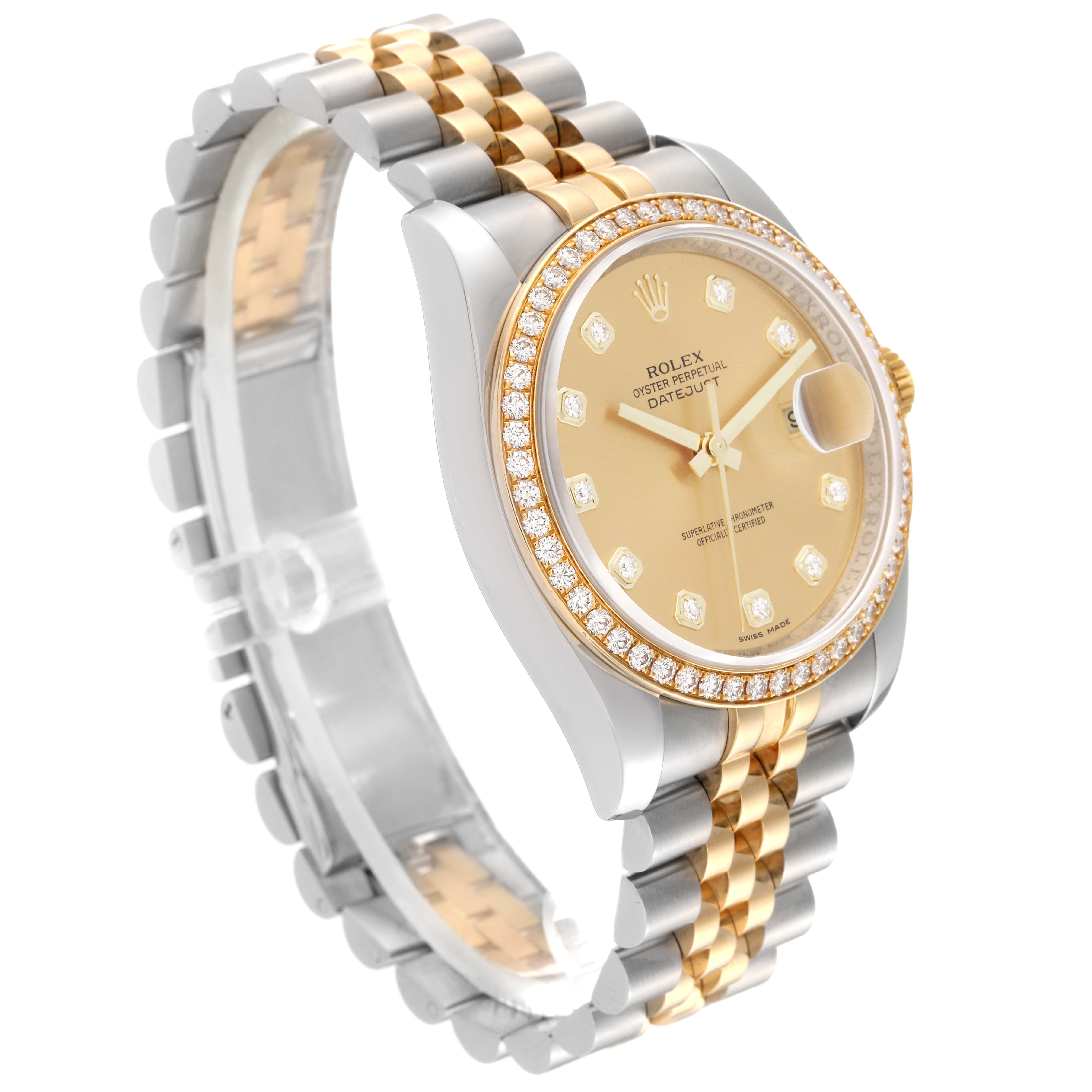 The Rolex Datejust 116243 Men's Steel and Gold (two tone) Champagne Dial 116243 Men's Steel and Gold (two tone) Champagne Dial watch is shown at a three-quarter angle, highlighting its jubilee bracelet, diamond-set bezel, and champagne dial.