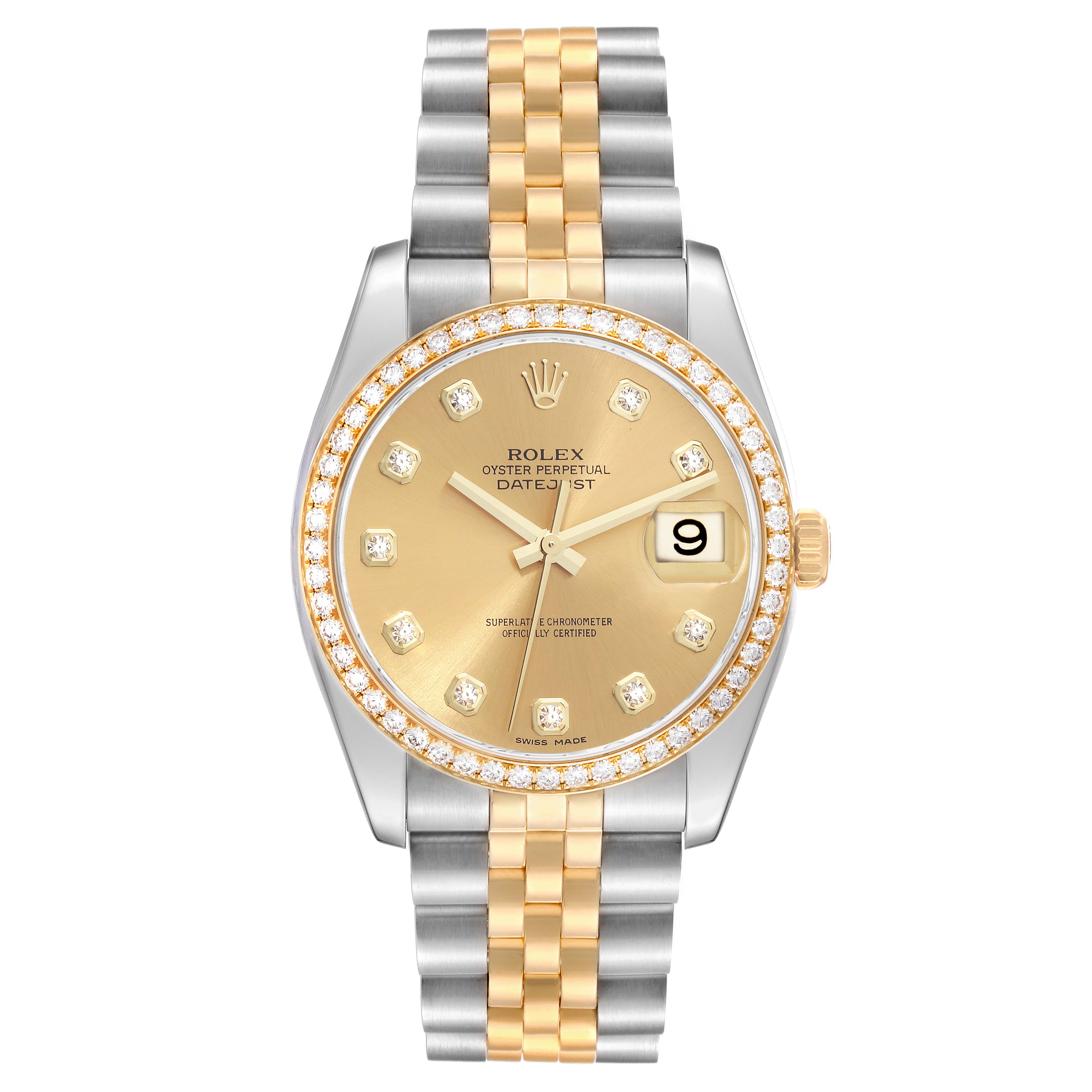 This Rolex Datejust 116243 Men's Steel and Gold (two tone) Champagne Dial 116243 Men's Steel and Gold (two tone) Champagne Dial watch is shown from a front angle, displaying its two-tone bracelet, gold dial, and diamond bezel.
