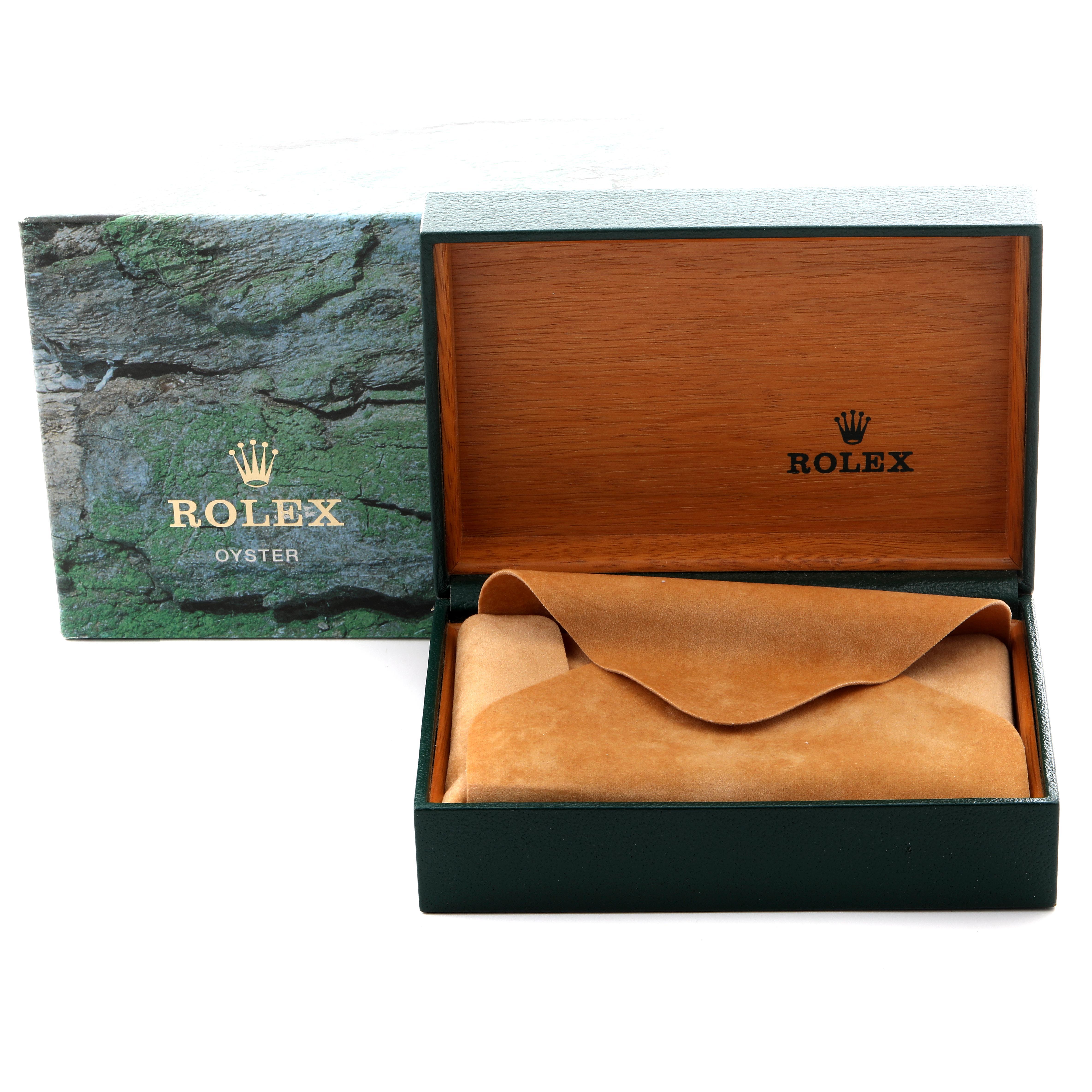 The image shows a Rolex Datejust 79173 Women's Steel and Gold (two tone) Mother of Pearl Dial 79173 Women's Steel and Gold (two tone) Mother of Pearl Dial box and inner packaging from a front angle, without the watch visible.