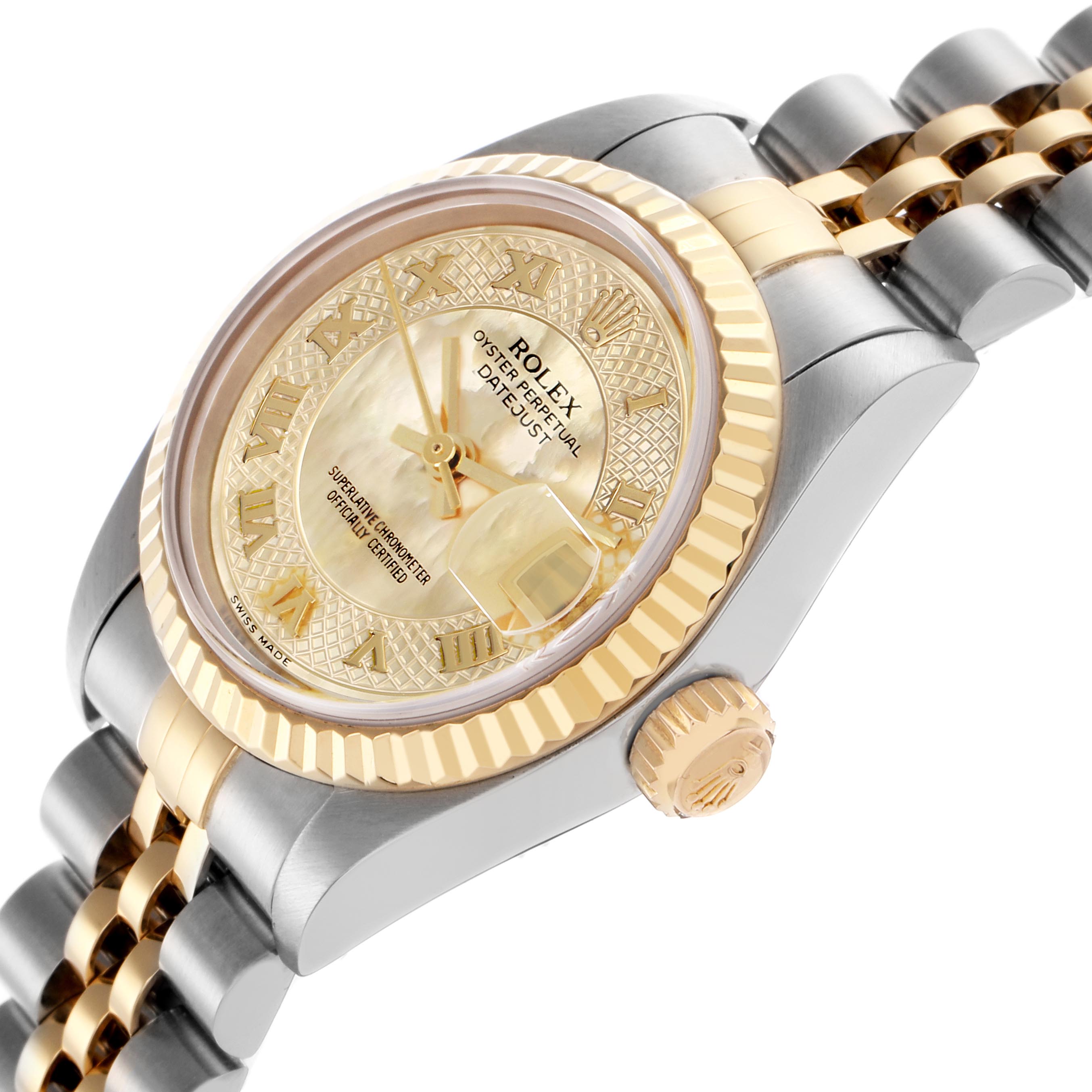 The Rolex Datejust 79173 Women's Steel and Gold (two tone) Mother of Pearl Dial 79173 Women's Steel and Gold (two tone) Mother of Pearl Dial watch is shown at a close angle, highlighting the case, crown, bezel, and part of the bracelet.