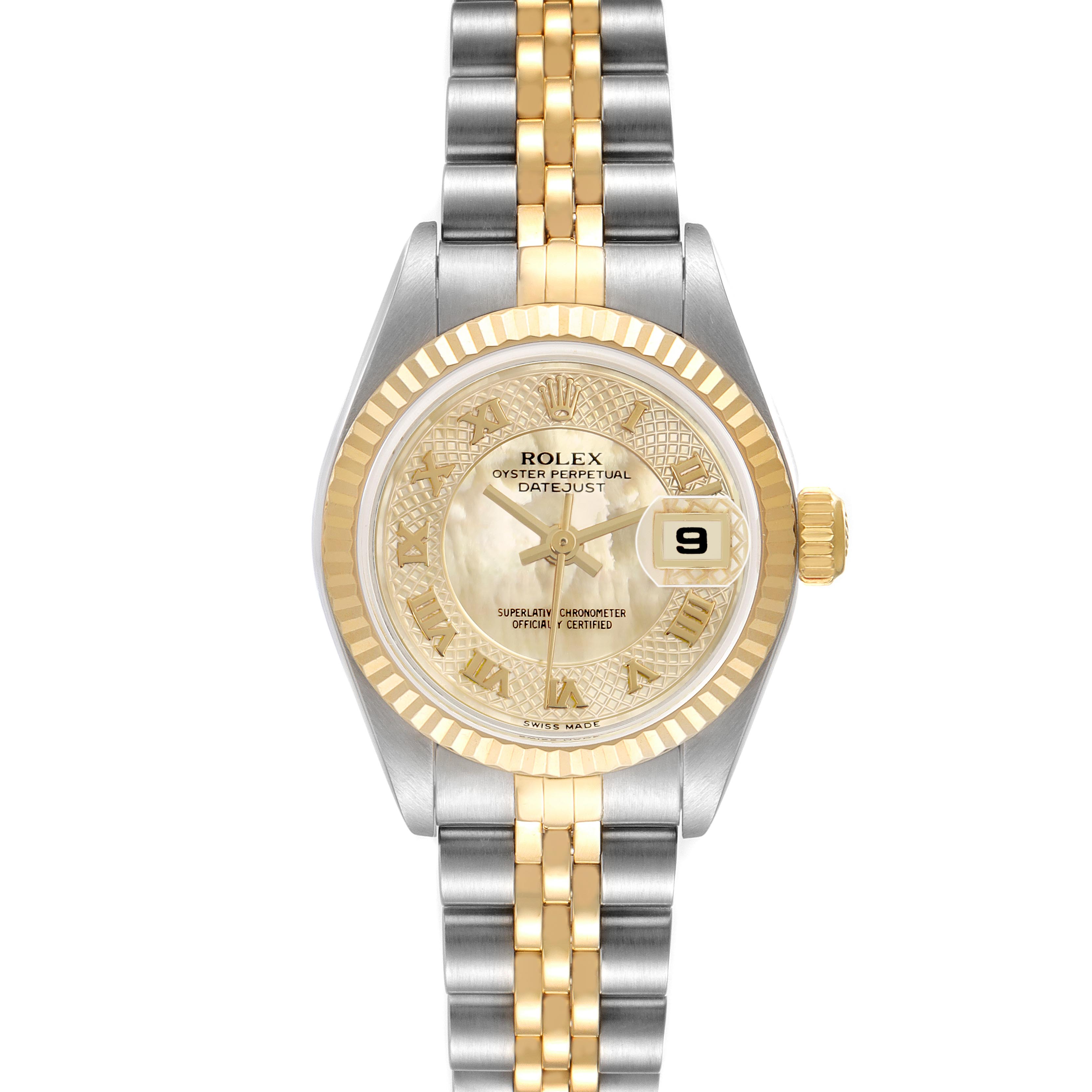 The Rolex Datejust 79173 Women's Steel and Gold (two tone) Mother of Pearl Dial 79173 Women's Steel and Gold (two tone) Mother of Pearl Dial watch is shown from a top-down angle, displaying the face, bezel, crown, and part of the two-tone bracelet.
