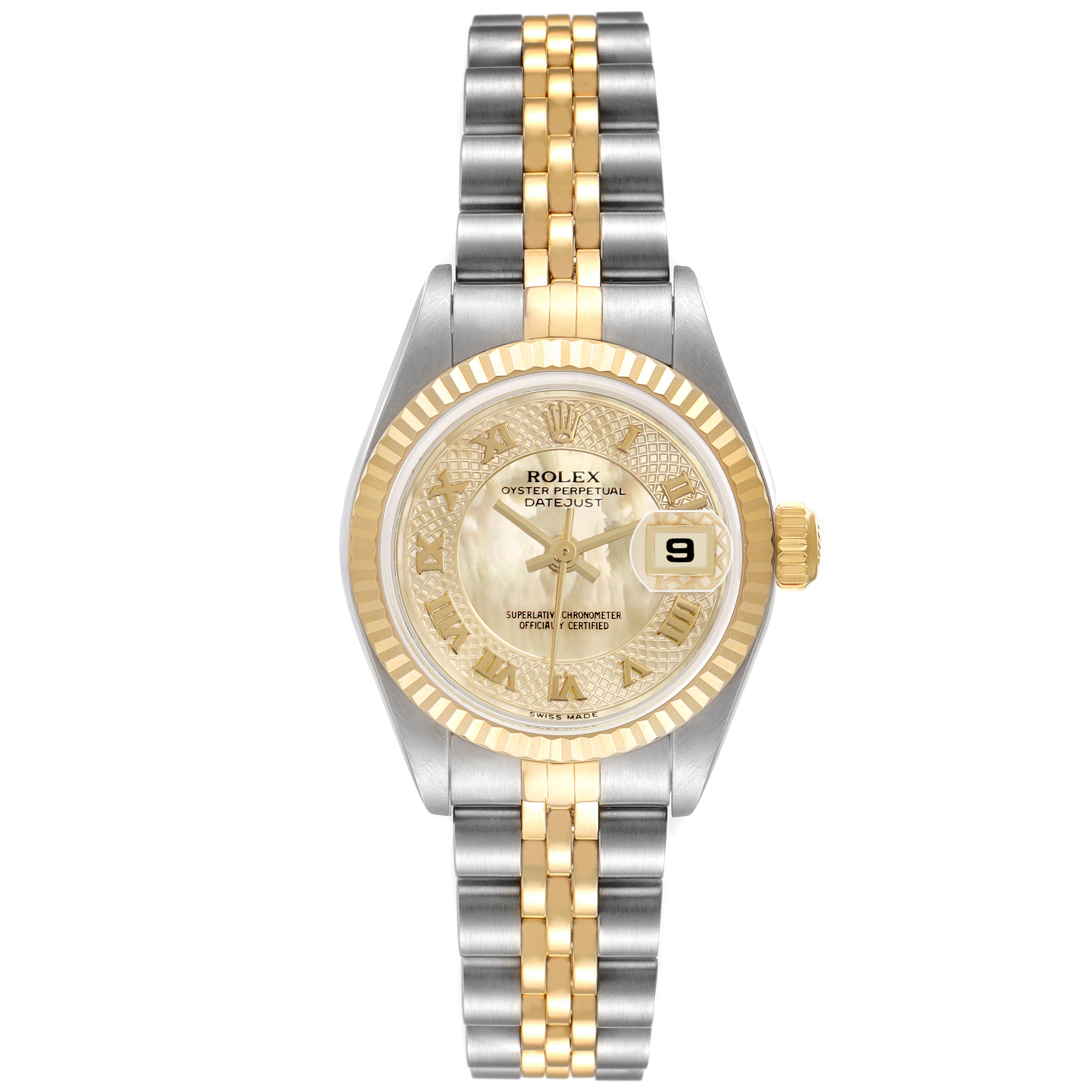The Rolex Datejust 79173 Women's Steel and Gold (two tone) Mother of Pearl Dial 79173 Women's Steel and Gold (two tone) Mother of Pearl Dial watch is shown from a top-down angle, highlighting the face, crown, and two-tone bracelet.