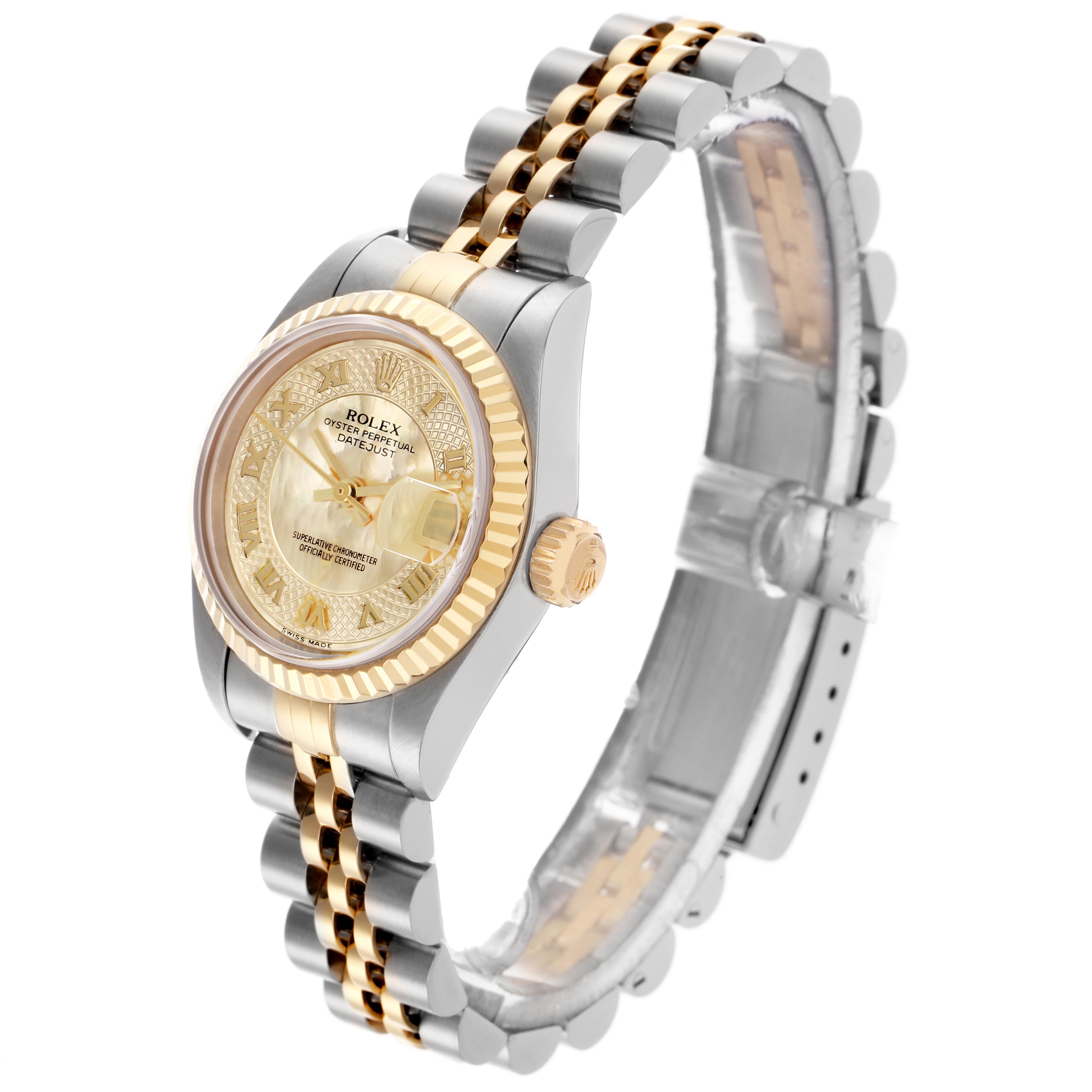 The Rolex Datejust 79173 Women's Steel and Gold (two tone) Mother of Pearl Dial 79173 Women's Steel and Gold (two tone) Mother of Pearl Dial watch is shown at a three-quarter angle, highlighting the dial, bezel, and bracelet.