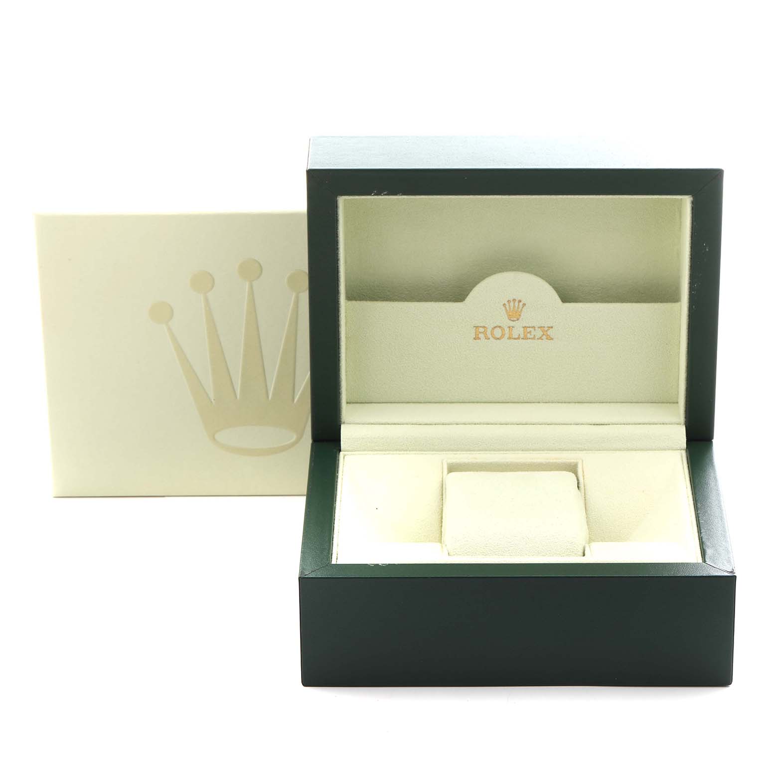 The image shows a Rolex Datejust 179173 Women's Steel and Gold (two tone) White Dial 179173 Women's Steel and Gold (two tone) White Dial watch box at an angle revealing the interior, with the outer box featuring the Rolex logo.