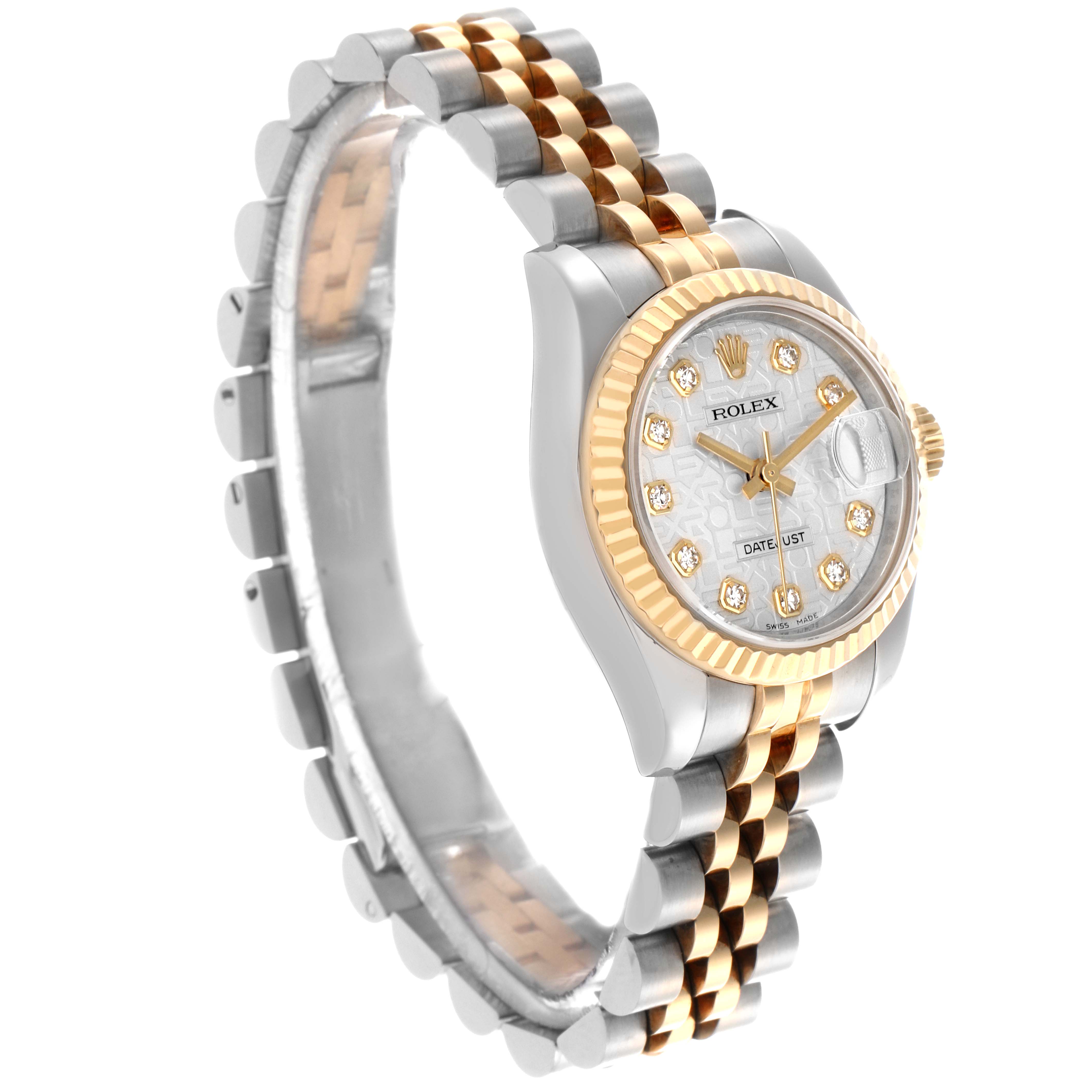 The Rolex Datejust 179173 Women's Steel and Gold (two tone) White Dial 179173 Women's Steel and Gold (two tone) White Dial watch is shown at a tilted angle, displaying the face, bezel, and full jubilee bracelet.