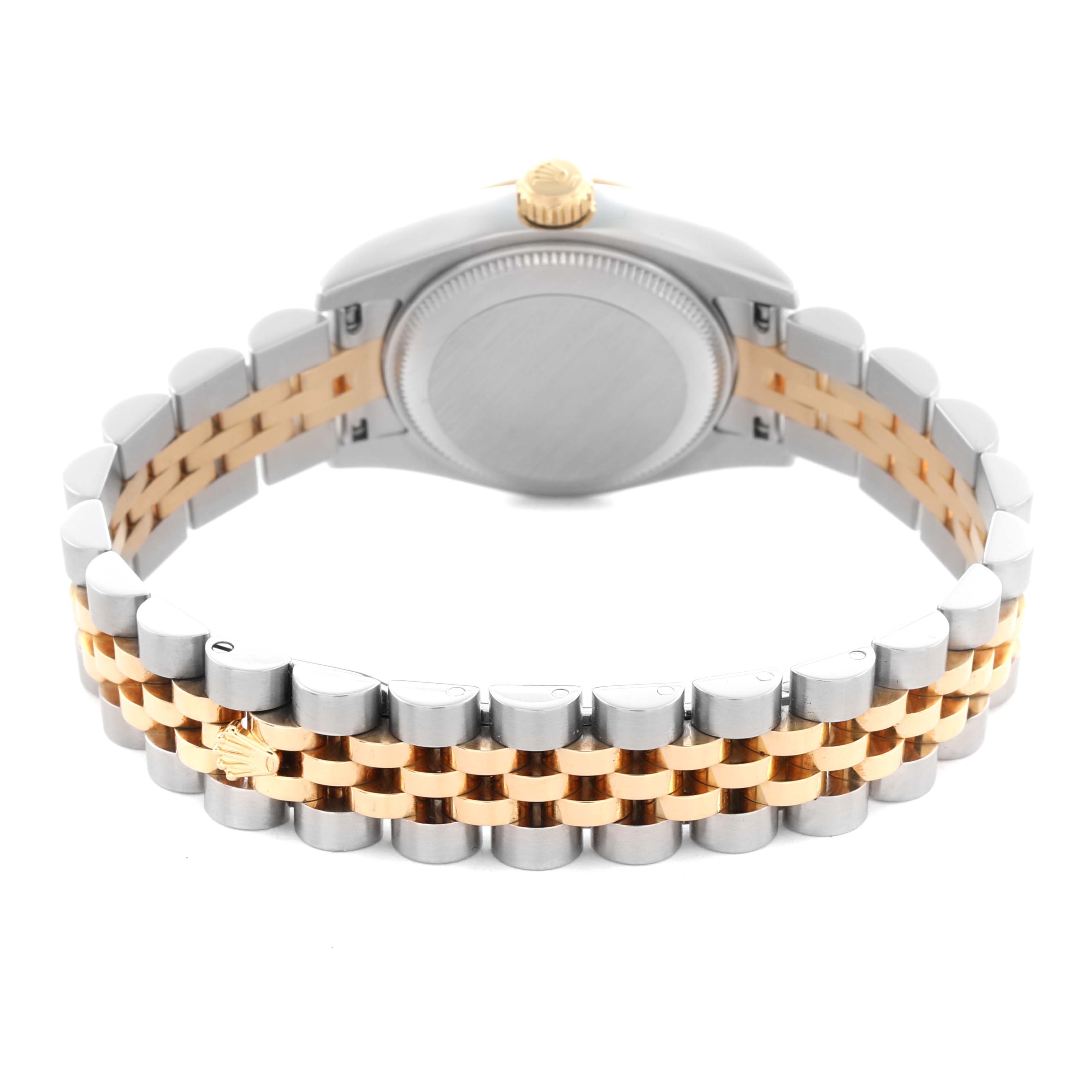 The image shows the back and bracelet of a Rolex Datejust 179173 Women's Steel and Gold (two tone) White Dial 179173 Women's Steel and Gold (two tone) White Dial watch with a two-tone Jubilee band.