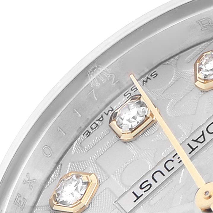 The image shows a close-up of the Rolex Datejust 179173 Women's Steel and Gold (two tone) White Dial 179173 Women's Steel and Gold (two tone) White Dial dial, featuring diamond hour markers and partial branding.