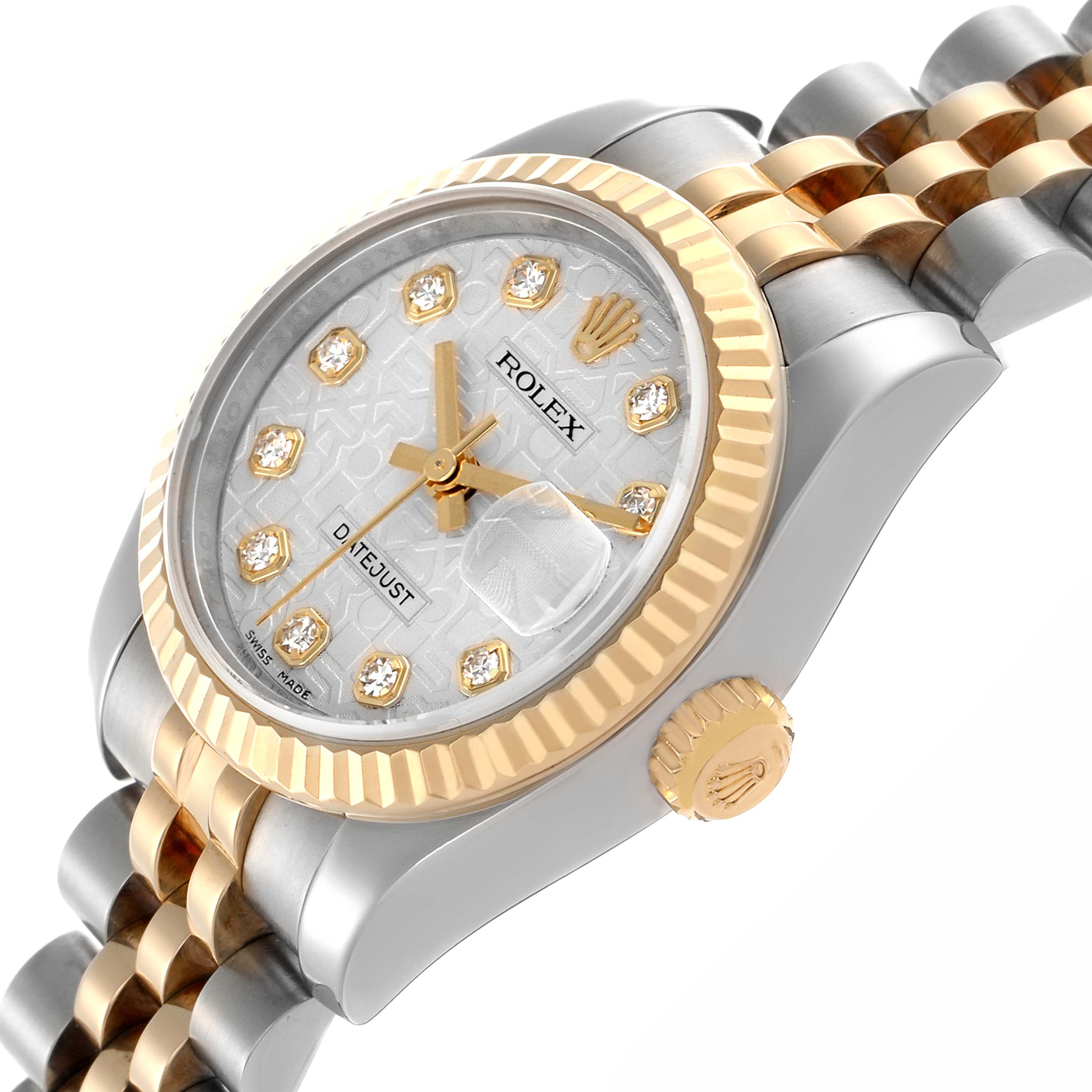 The Rolex Datejust 179173 Women's Steel and Gold (two tone) White Dial 179173 Women's Steel and Gold (two tone) White Dial is shown at an angle highlighting the face, bezel, crown, and bracelet.