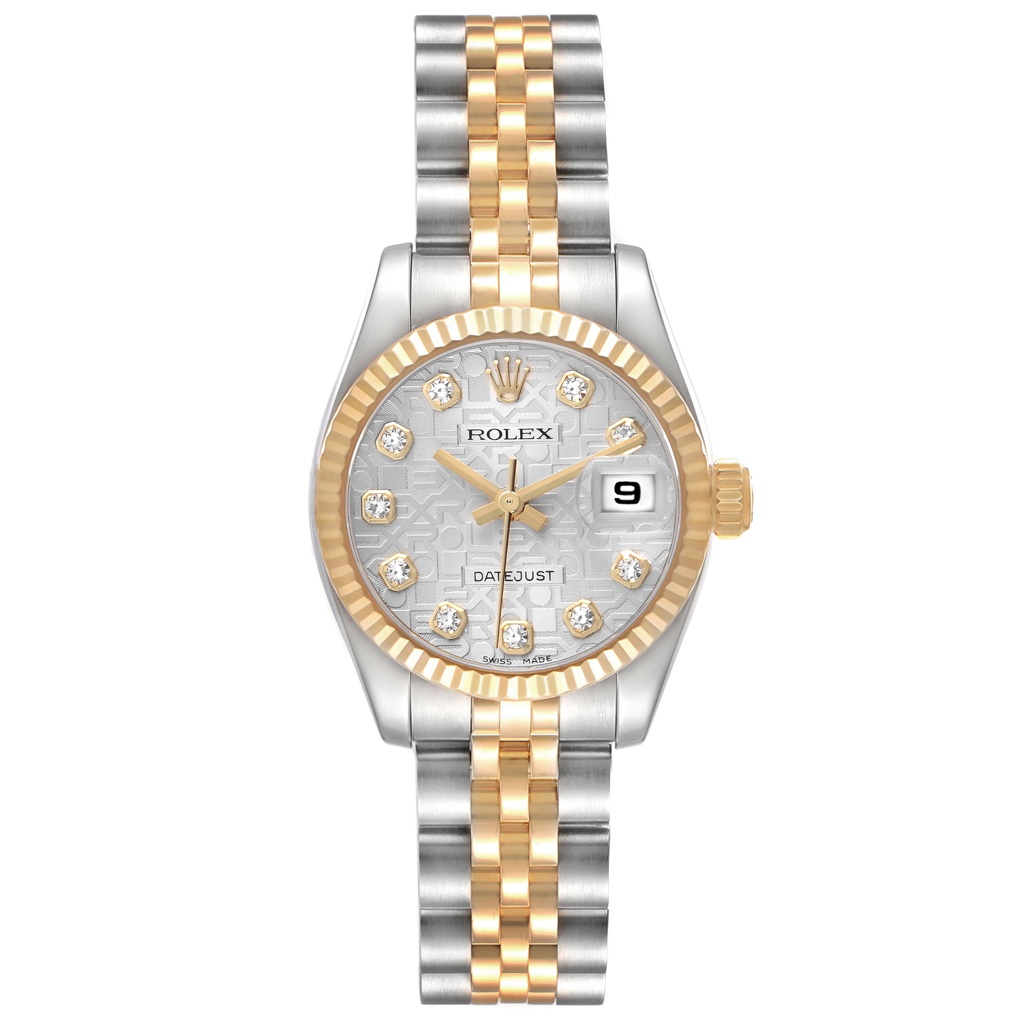 The Rolex Datejust 179173 Women's Steel and Gold (two tone) White Dial 179173 Women's Steel and Gold (two tone) White Dial watch is shown from a top view, displaying its dial, bezel, and two-tone bracelet.
